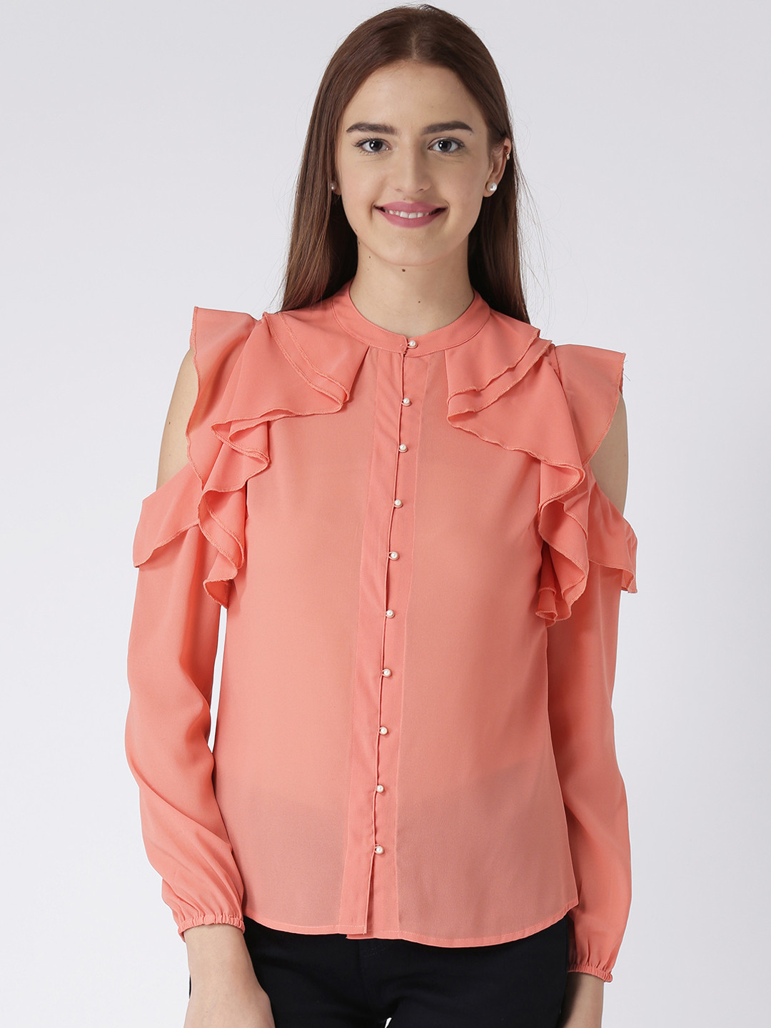

KASSUALLY Women Peach-Coloured Comfort Regular Fit Solid Party Shirt