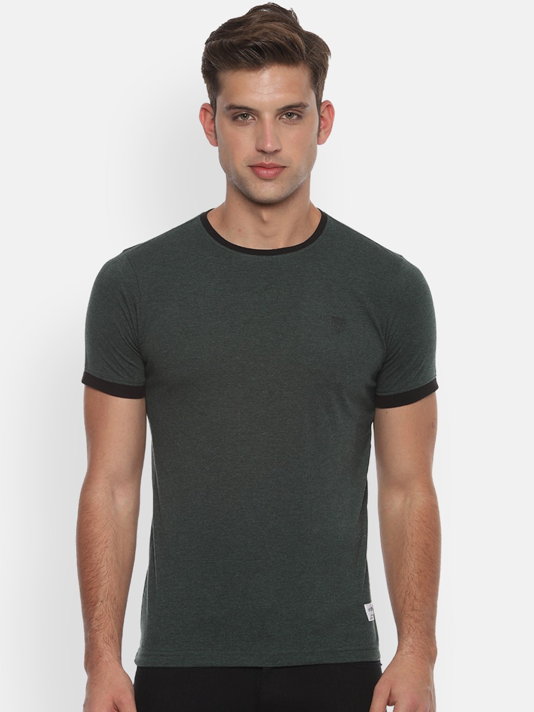 

People Men Olive Green Solid Round Neck T-shirt