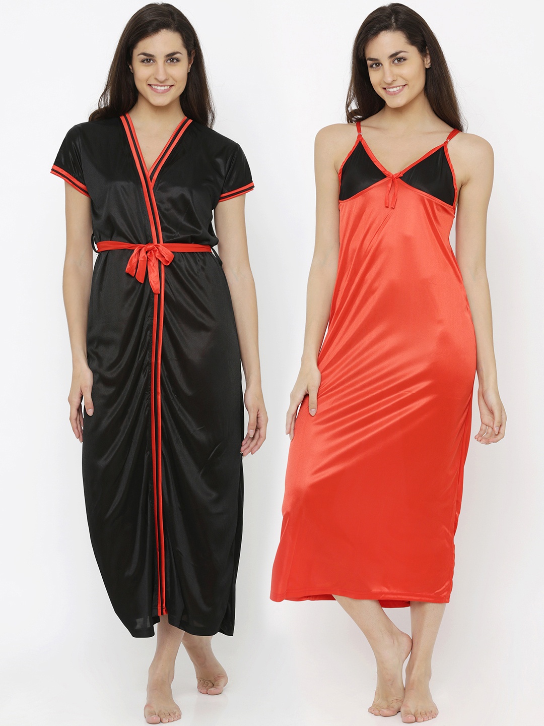 

Pretty Awesome Black & Red Solid Nightdress With Robe