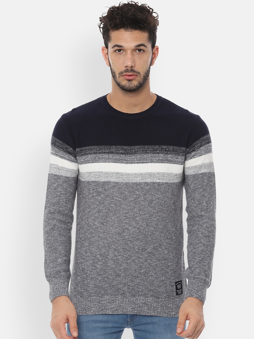 

People Men Grey Melange & Navy Blue Striped Sweater