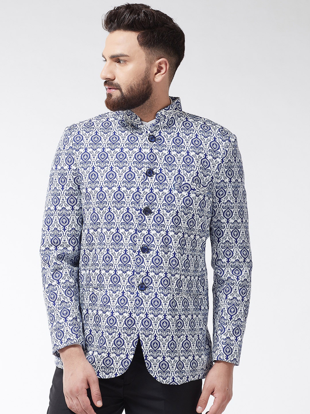 

SOJANYA Men Navy Blue & White Printed Bandhgala Blazer
