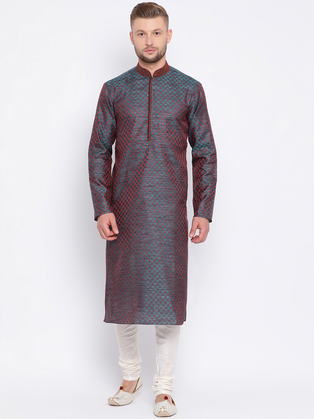 

Sanwara Men Green & Maroon Printed Straight Kurta