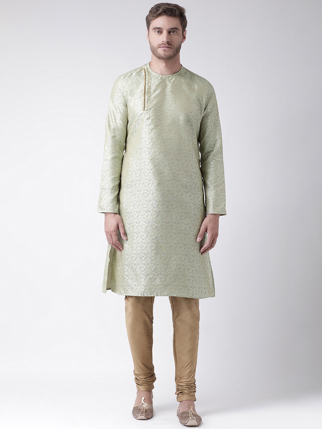 DEYANN Men Green & Brown Self Design Kurta with Churidar