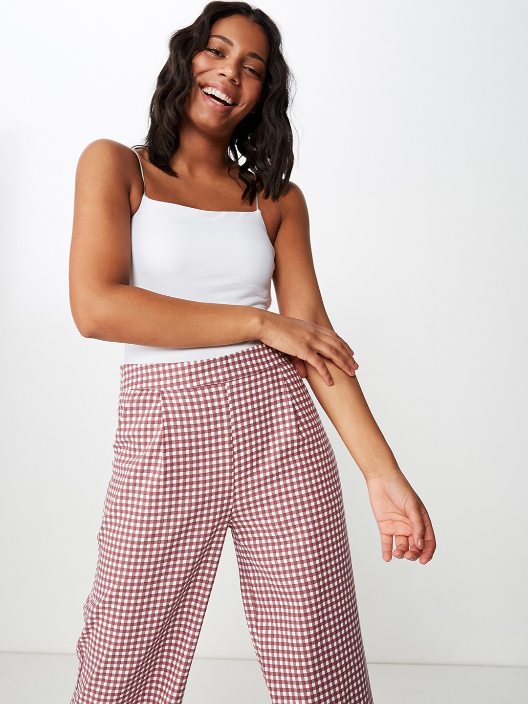 

COTTON ON Women Purple & White Regular Fit Checked Parallel Trousers