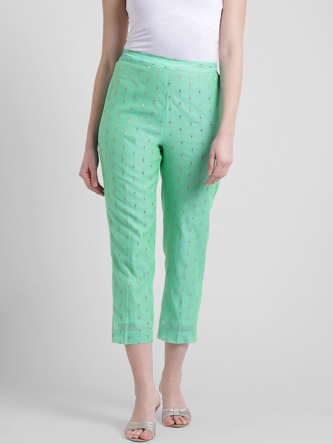 

Aayna Women Green & Gold-Toned Comfort Regular Fit Printed Regular Trousers