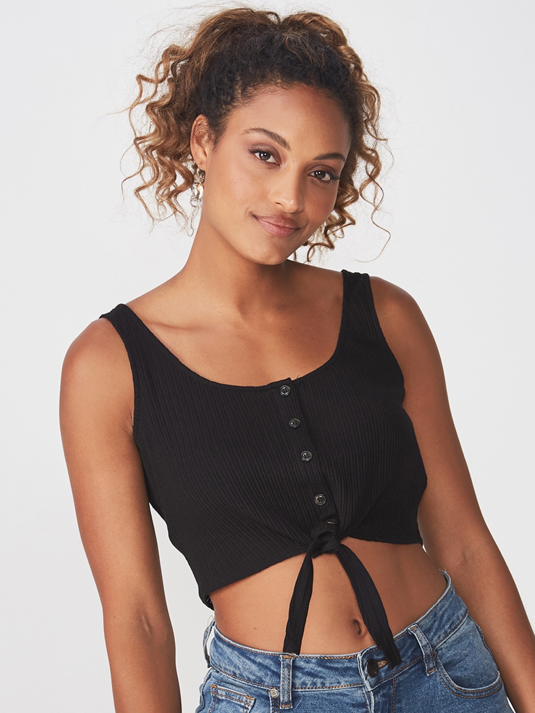 

COTTON ON Women Black Solid Bonnie Button Through Tie Up Tank Crop Top