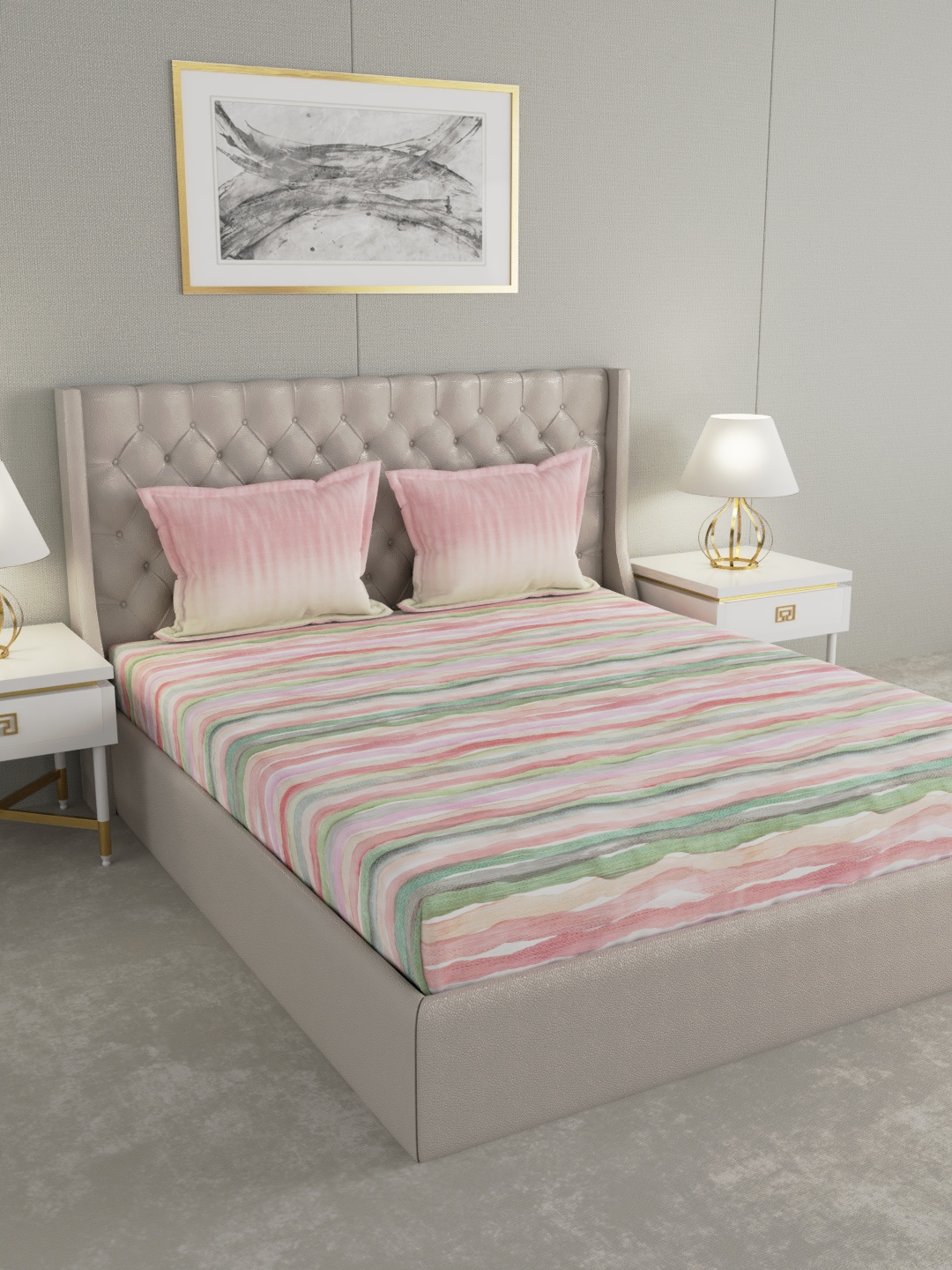 GM Pink & Green Abstract 144 TC Cotton 1 Super Queen Bedsheet with 2 Pillow Covers