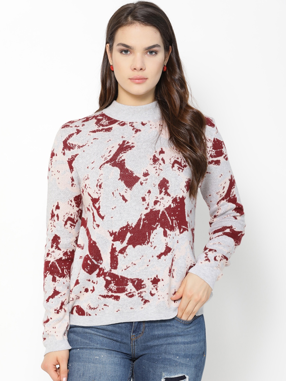 

Gipsy Women Maroon & Grey Printed Wollen Sweater