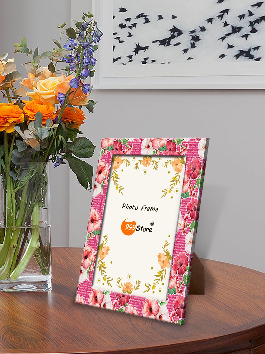 

999Store Pink Floral Printed Table-Top Photo Frame