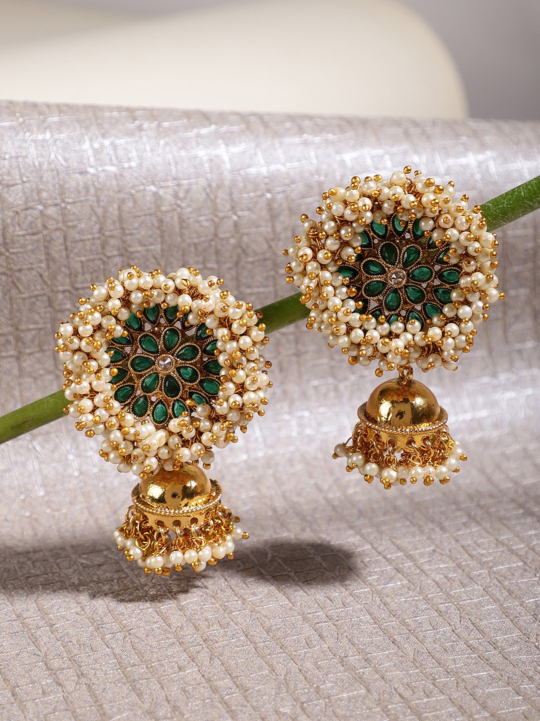 Shining Diva Gold-Plated & Green Classic Jhumkas