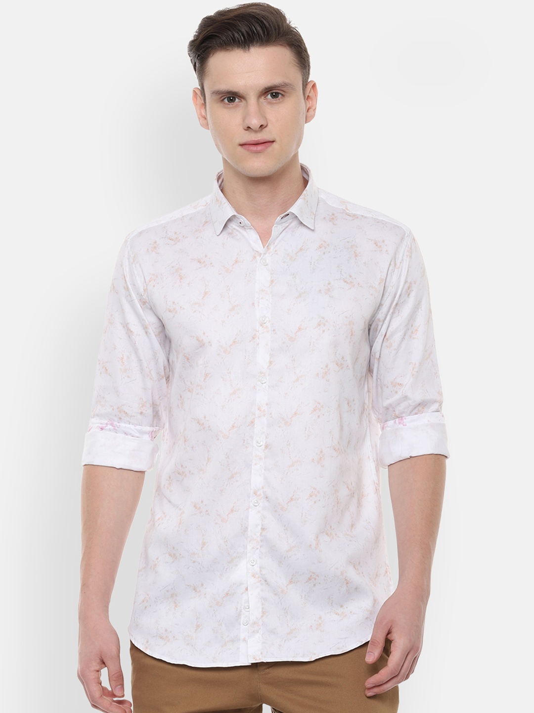 

V Dot Men White Slim Fit Printed Casual Shirt