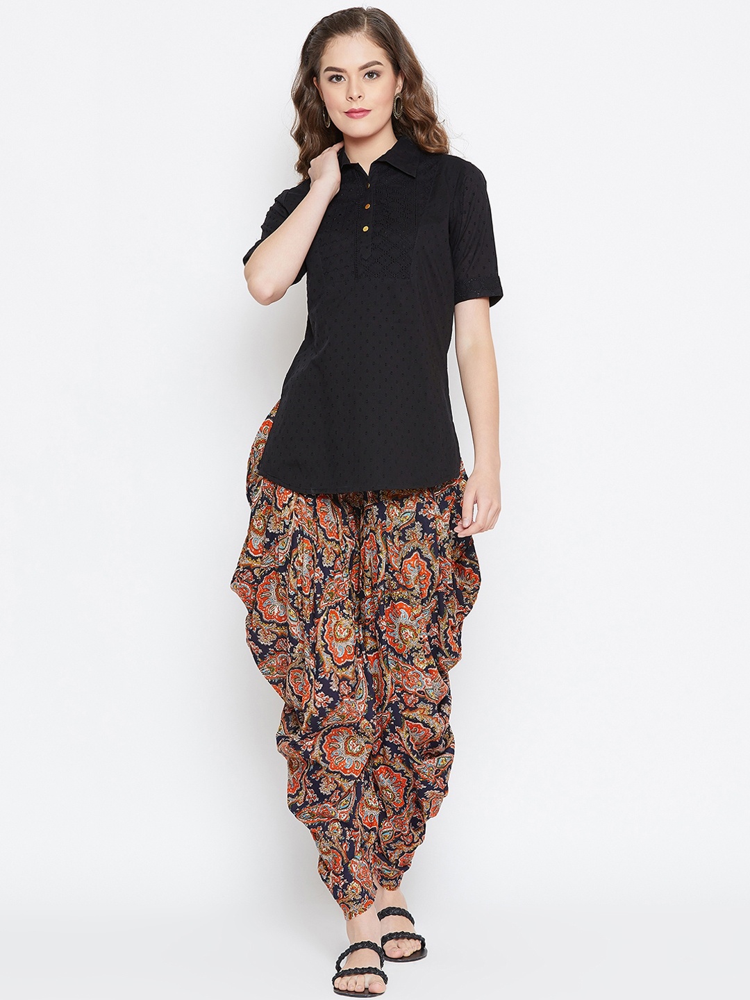 PANIT Women Black & Navy Blue Embroidered Kurta with Dhoti Pants
