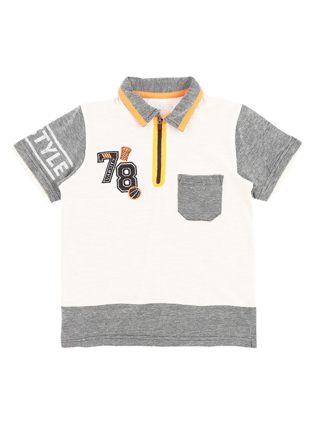 

Pantaloons Junior Boys Grey Melange Colourblocked Polo Collar Pure Cotton T-shirt