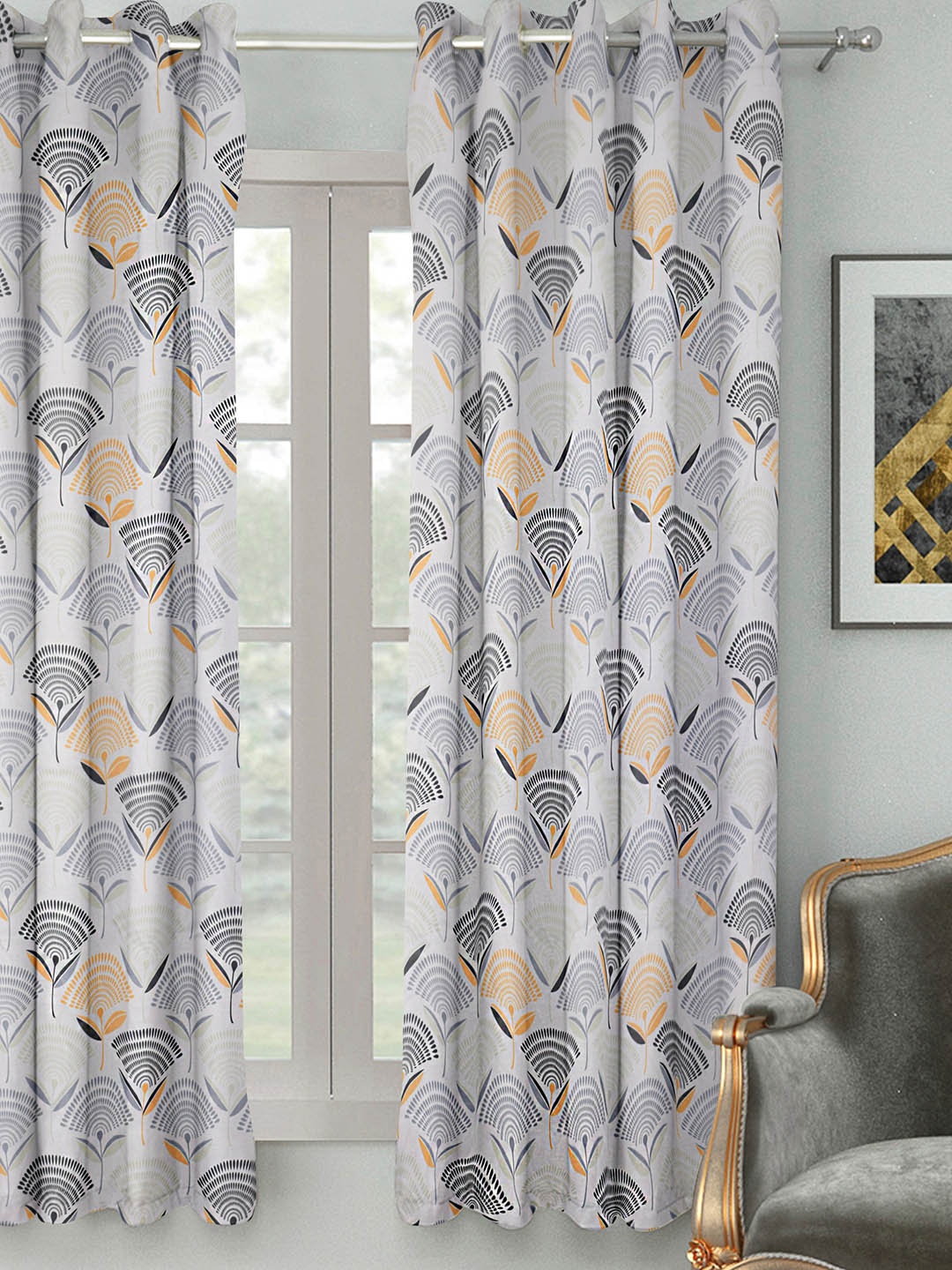 

HOUZZCODE Off-White & Grey Single Room Darkening Window Curtain