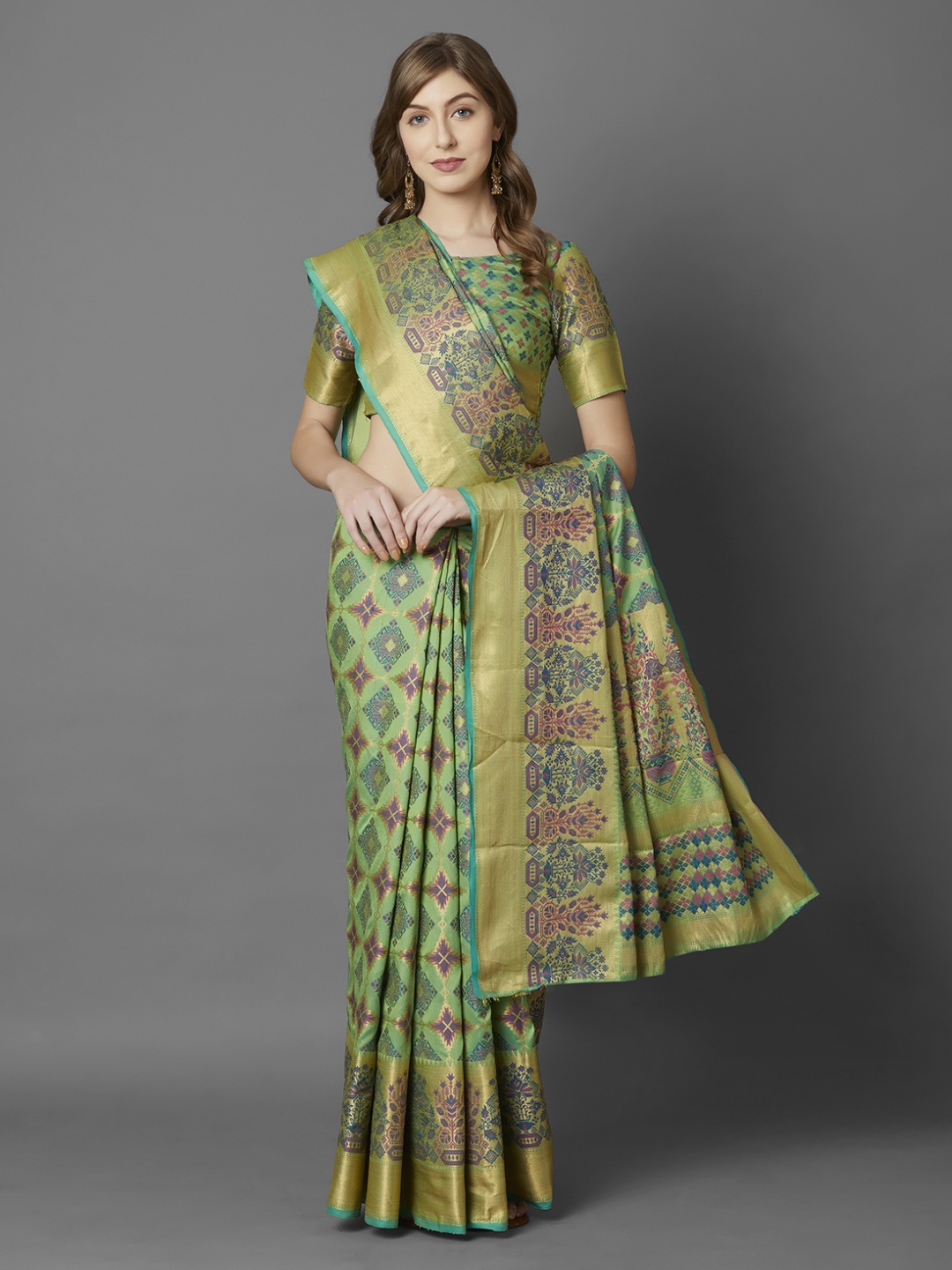 Mitera Green Silk Blend Woven Design Banarasi Saree