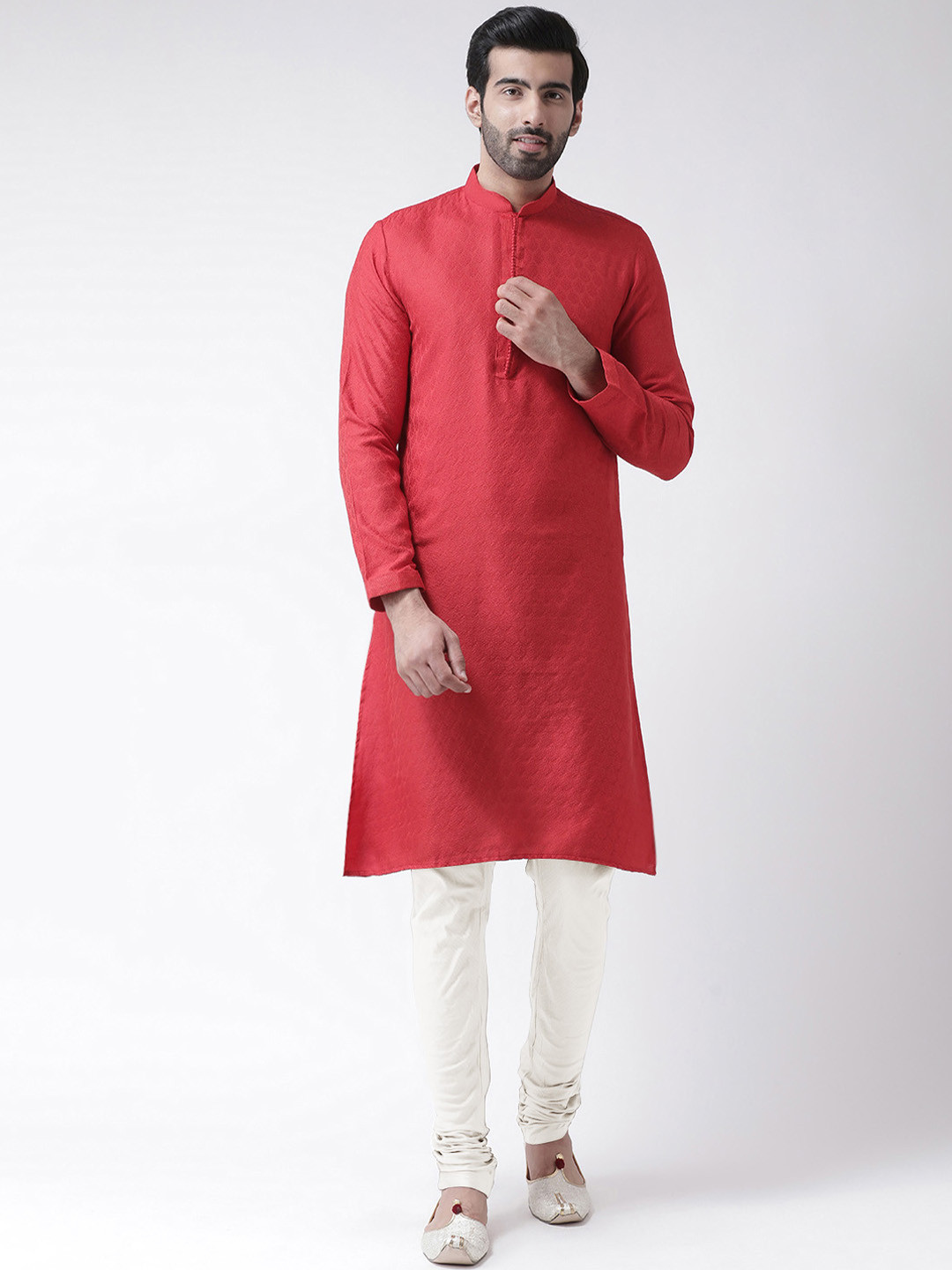 

KISAH Men Red & White Self Design Kurta with Churidar
