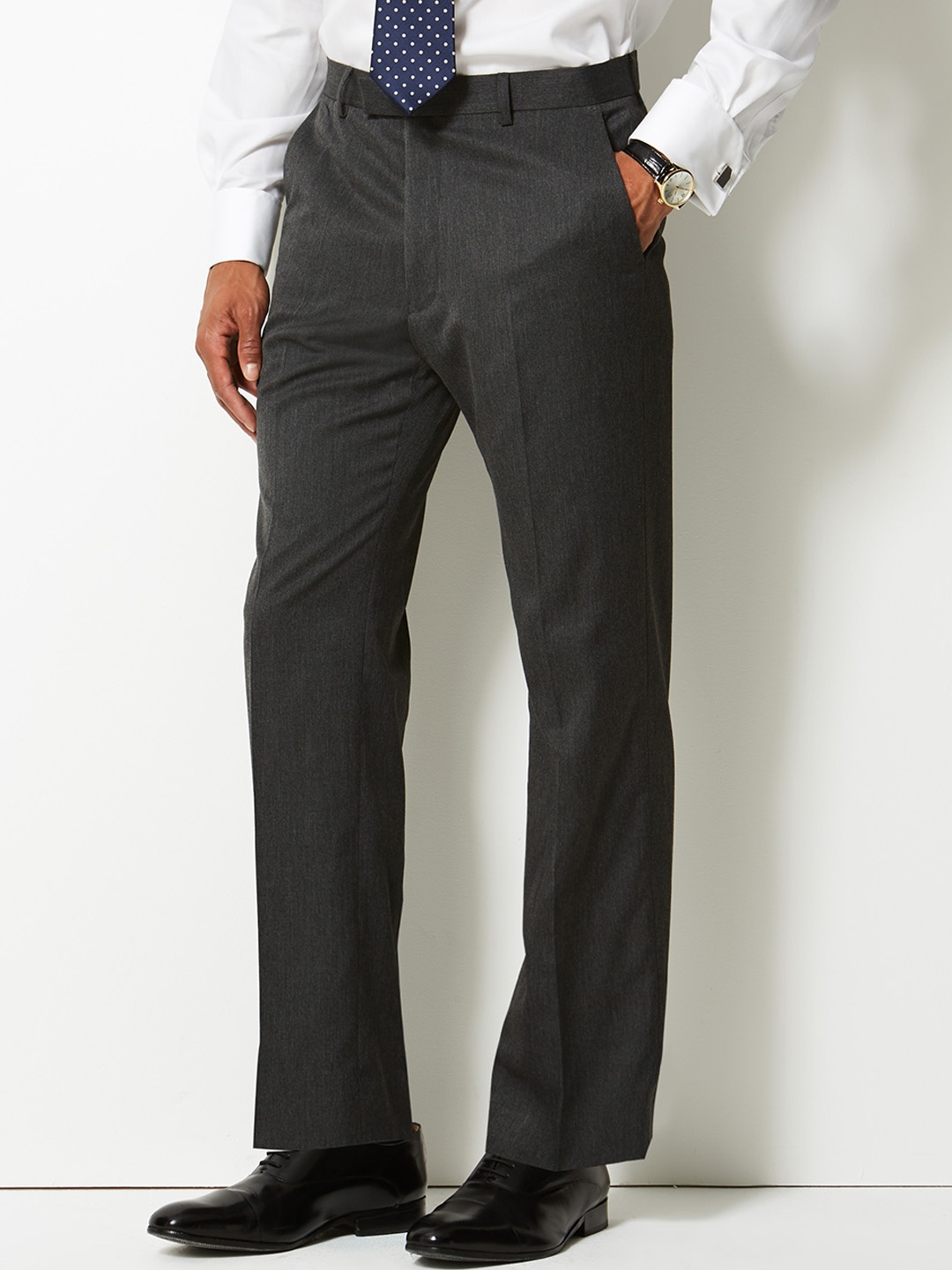 

Marks & Spencer Men Charcoal Slim Fit Solid Formal Trousers