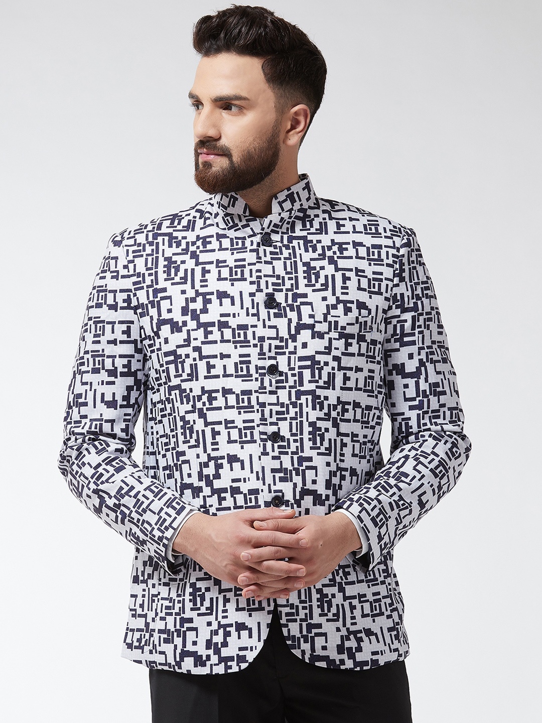 

SOJANYA Men Navy Blue & Off-White Printed Bandhgala Blazer