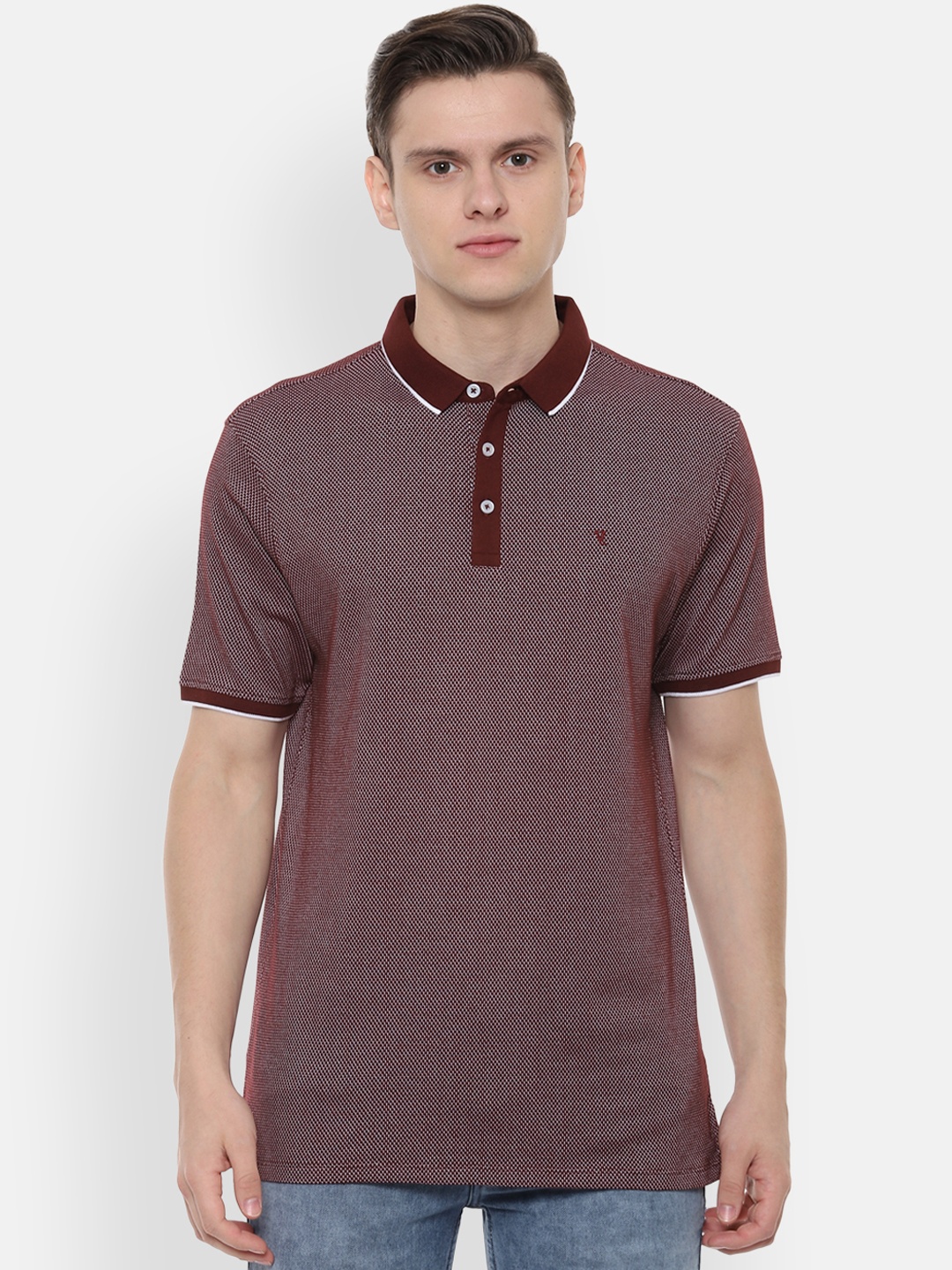 

V Dot Men Maroon Printed Polo Collar T-shirt