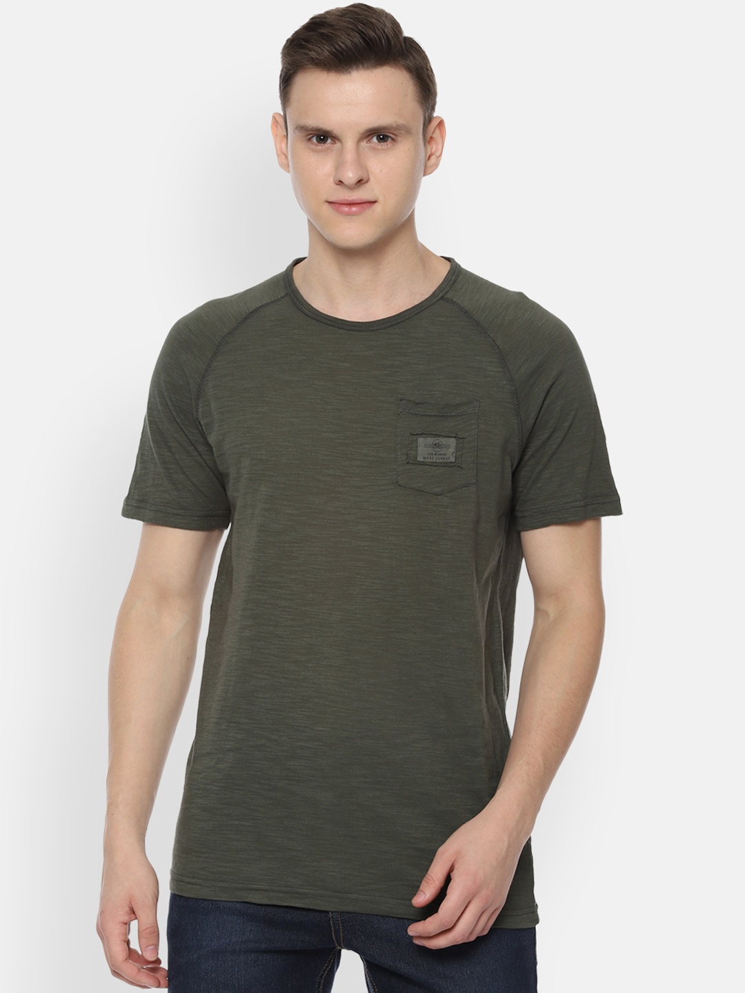 

People Men Olive Green Solid Round Neck Pure Cotton T-shirt