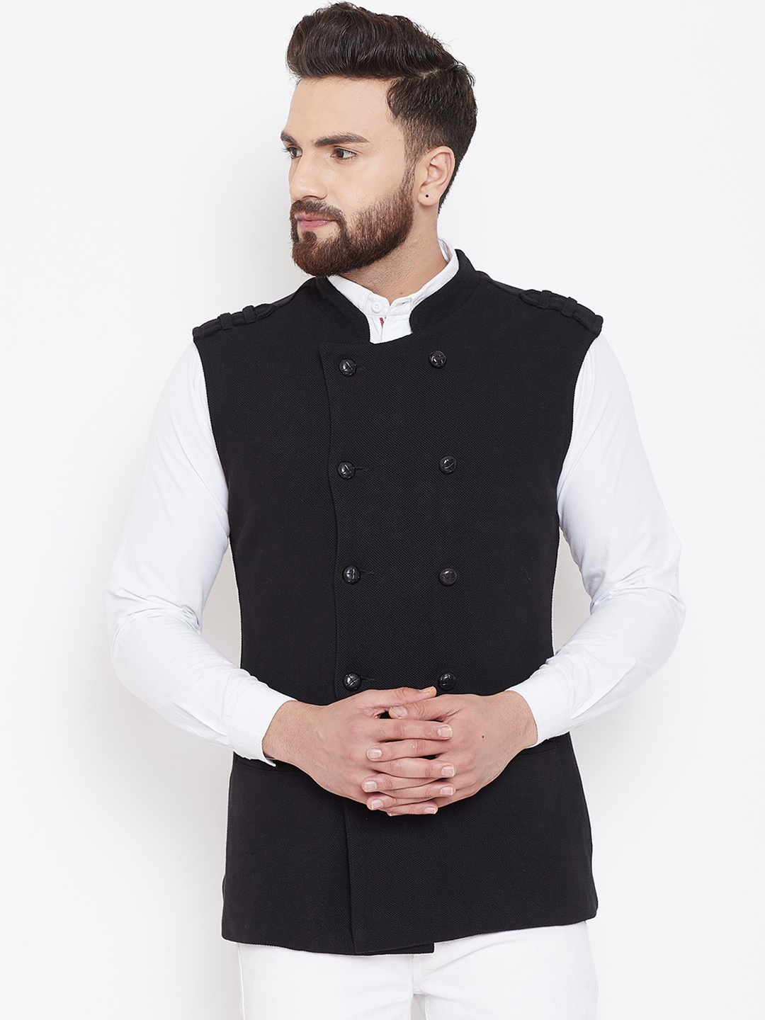 

Hypernation Men Black Double-Breasted Pure Cotton Waistcoat