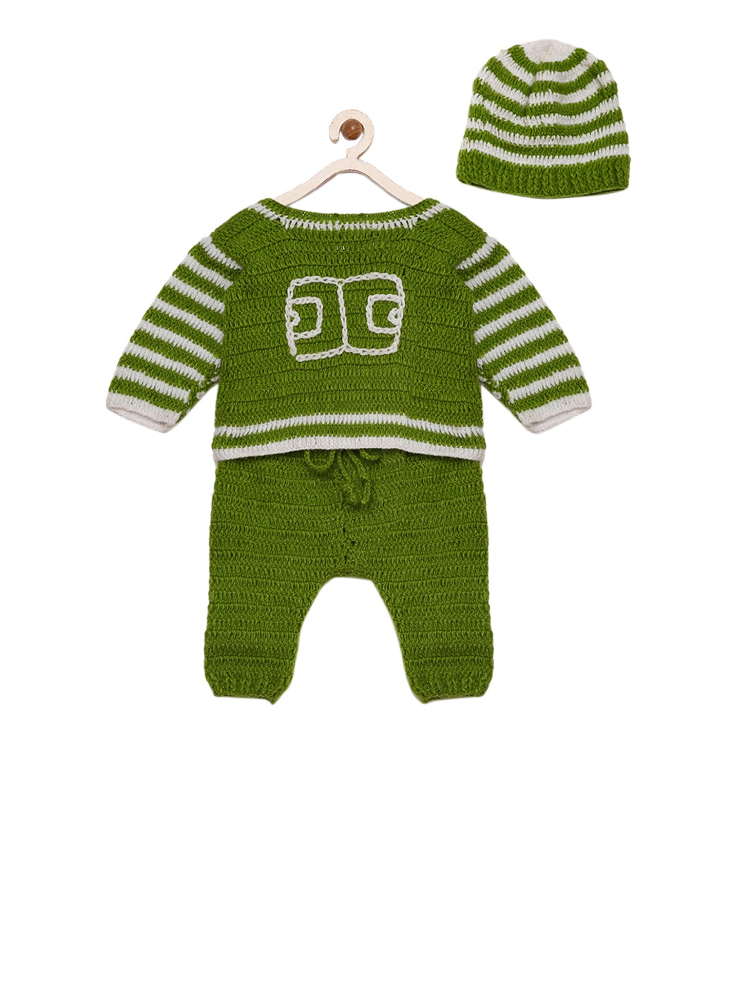 

CHUTPUT Unisex Green Self Design Woolen T-shirt with Trousers and Beanie