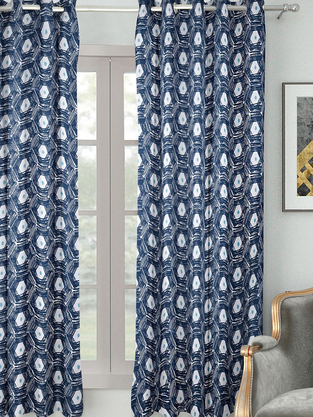

HOUZZCODE Navy Blue & White Single Room Darkening Curtain Curtain