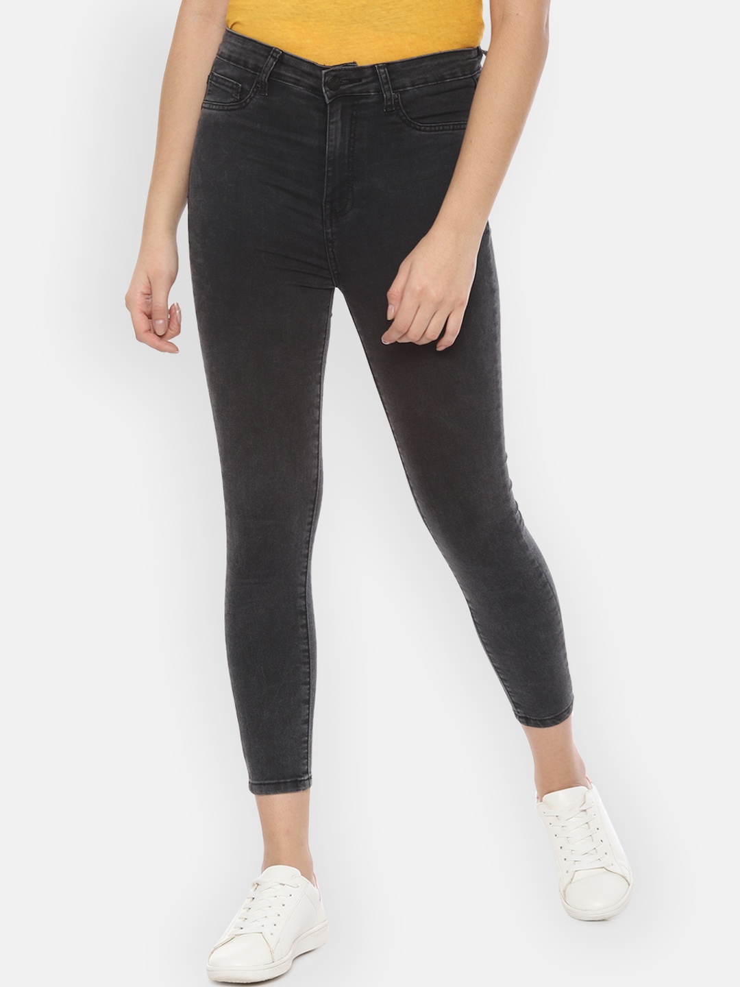 

People Women Black Regular Fit Mid-Rise Clean Look Cropped Stretchable Jeans
