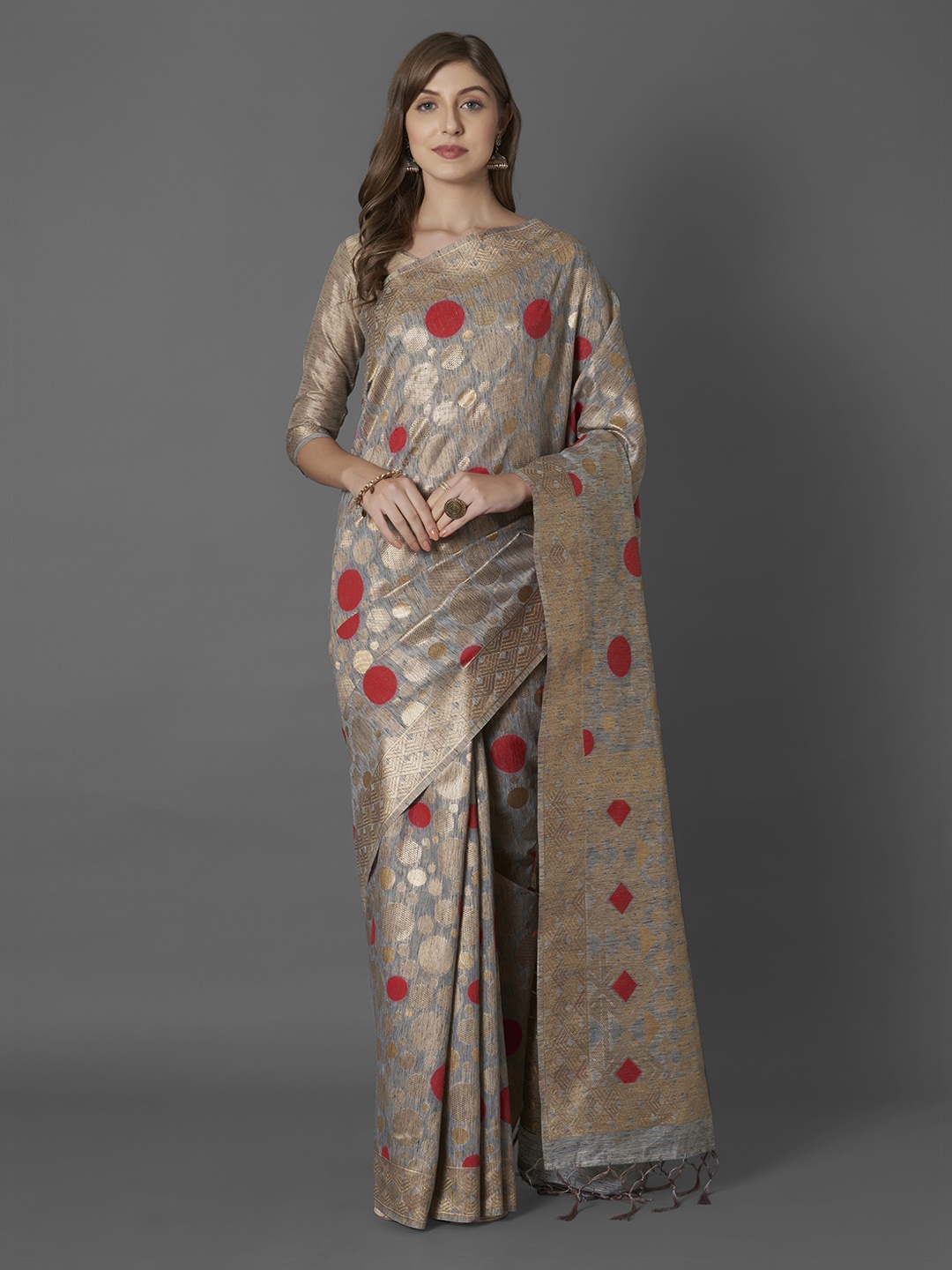 

Mitera Grey & Red Silk Blend Woven Design Banarasi Saree