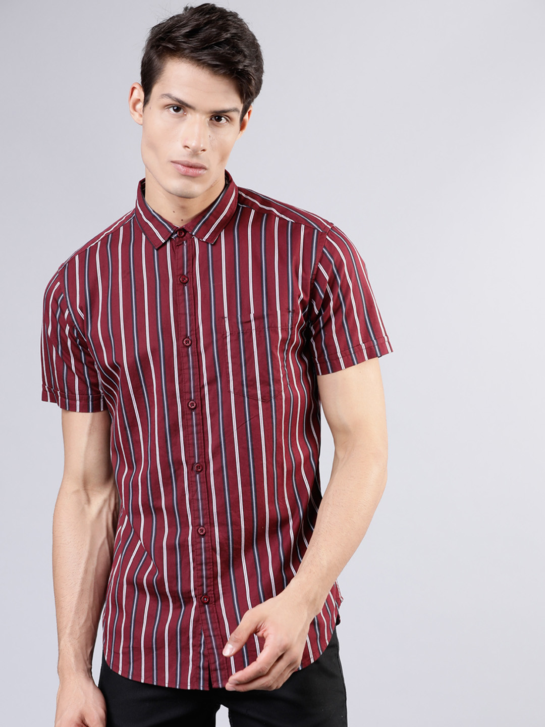 

HIGHLANDER Men Maroon & Black Slim Fit Striped Casual Shirt