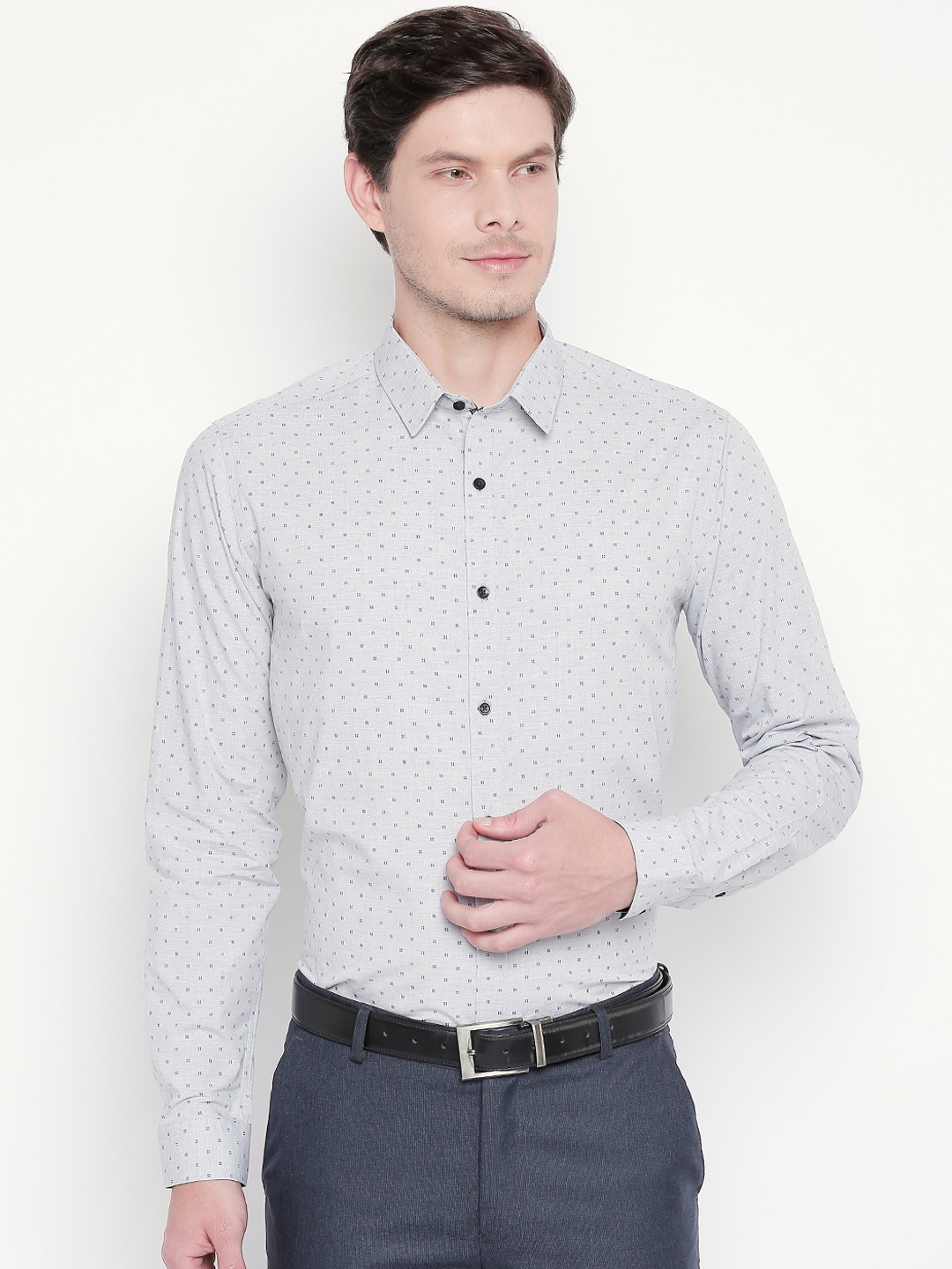 

RICHARD PARKER by Pantaloons Men Grey Melange & Blue Slim Fit Printed Formal Shirt