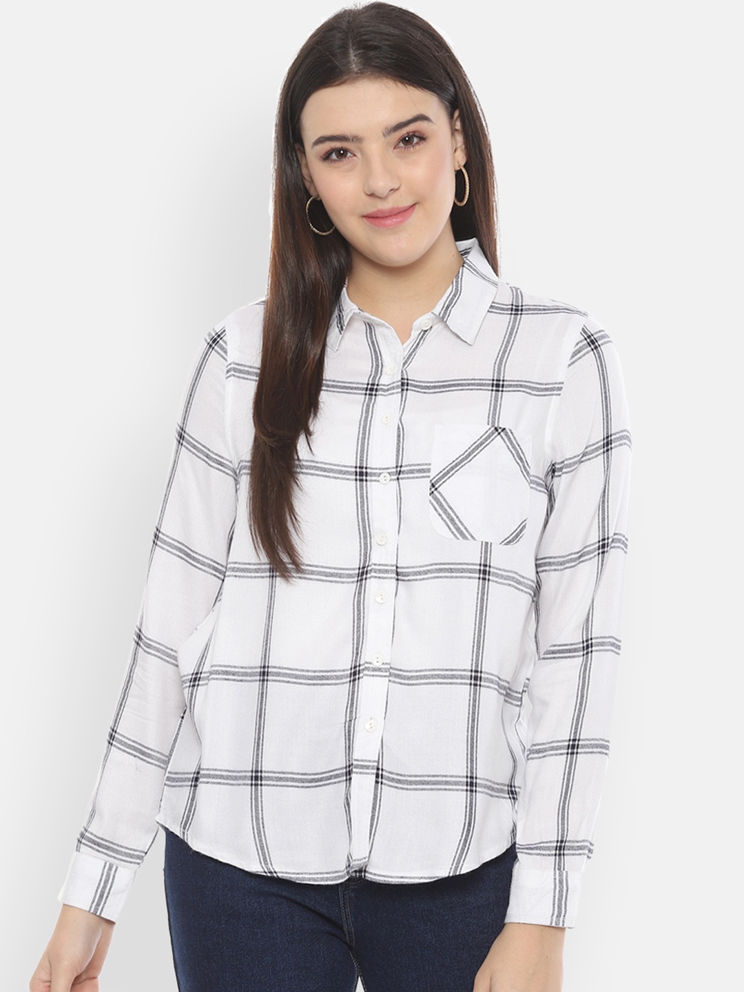 

People Women White & Black Regular Fit Checked Casual Shirt