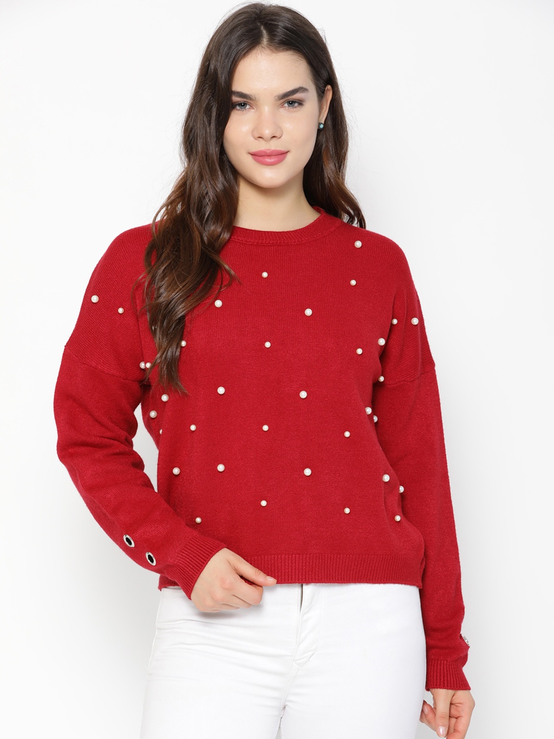

Gipsy Women Red Solid Embellished Sweater