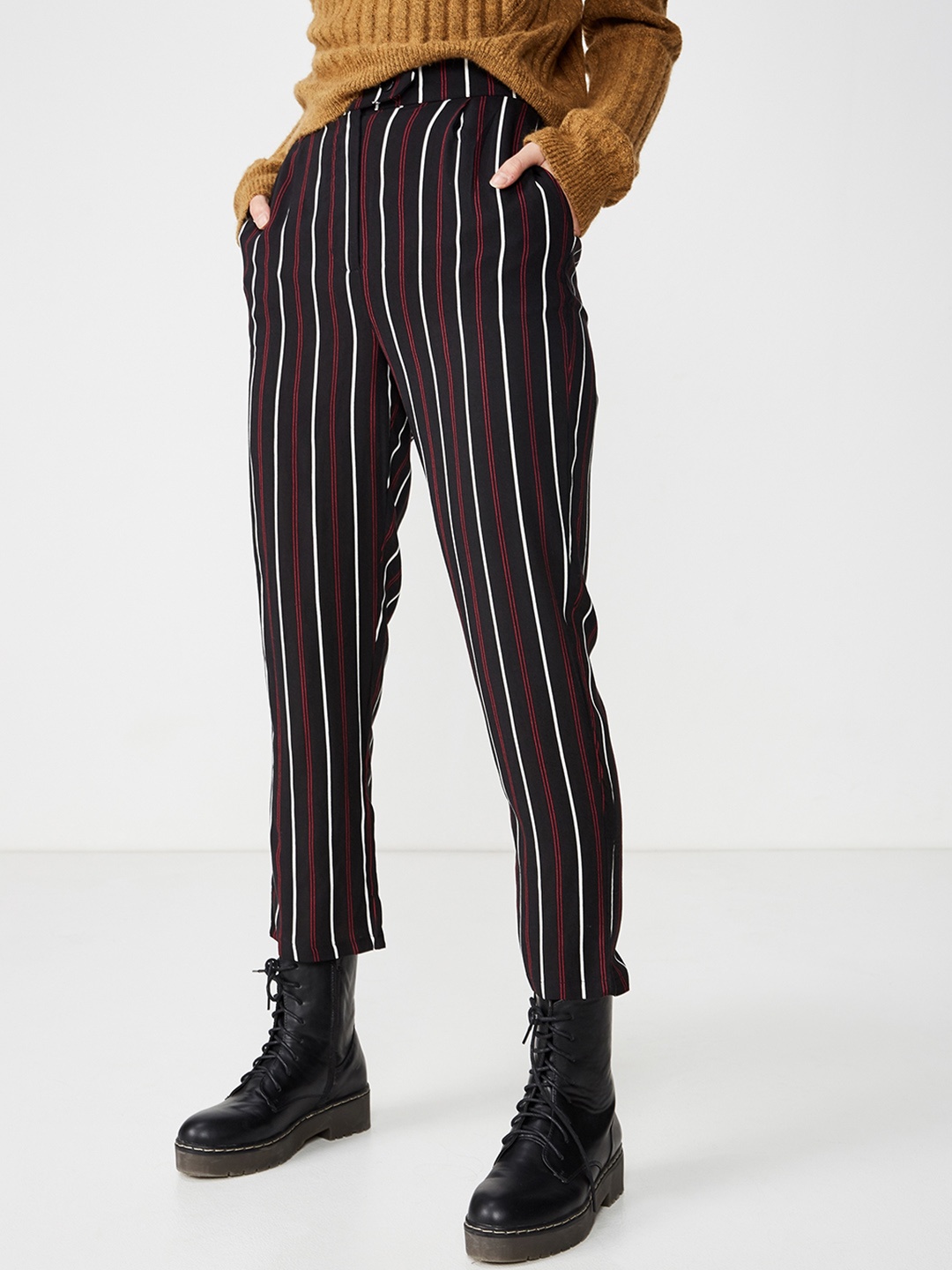 

COTTON ON Women Maroon & Black Tapered Fit Striped Peg Trousers