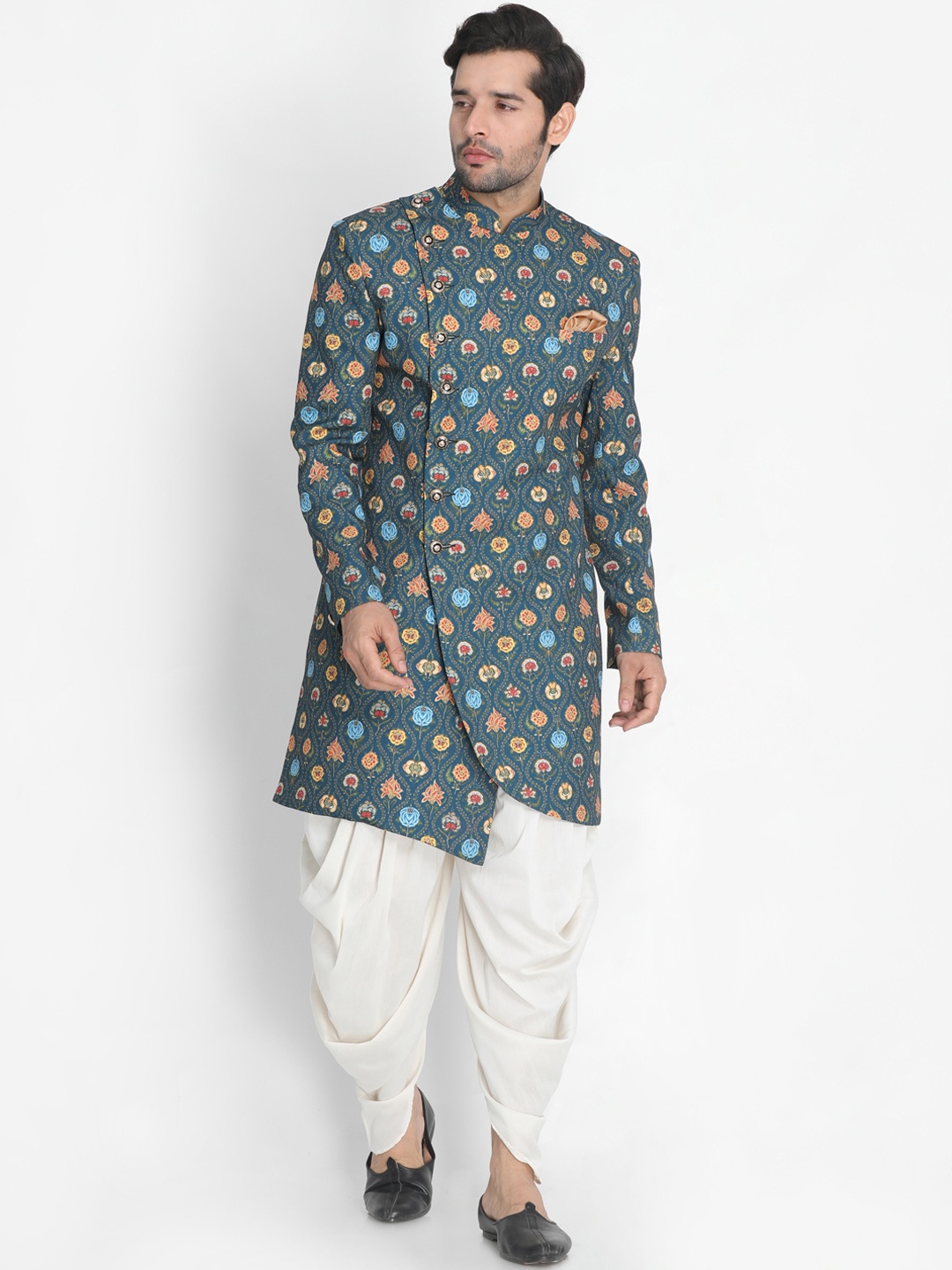 

VASTRAMAY Men Blue & White Printed Sherwani Set