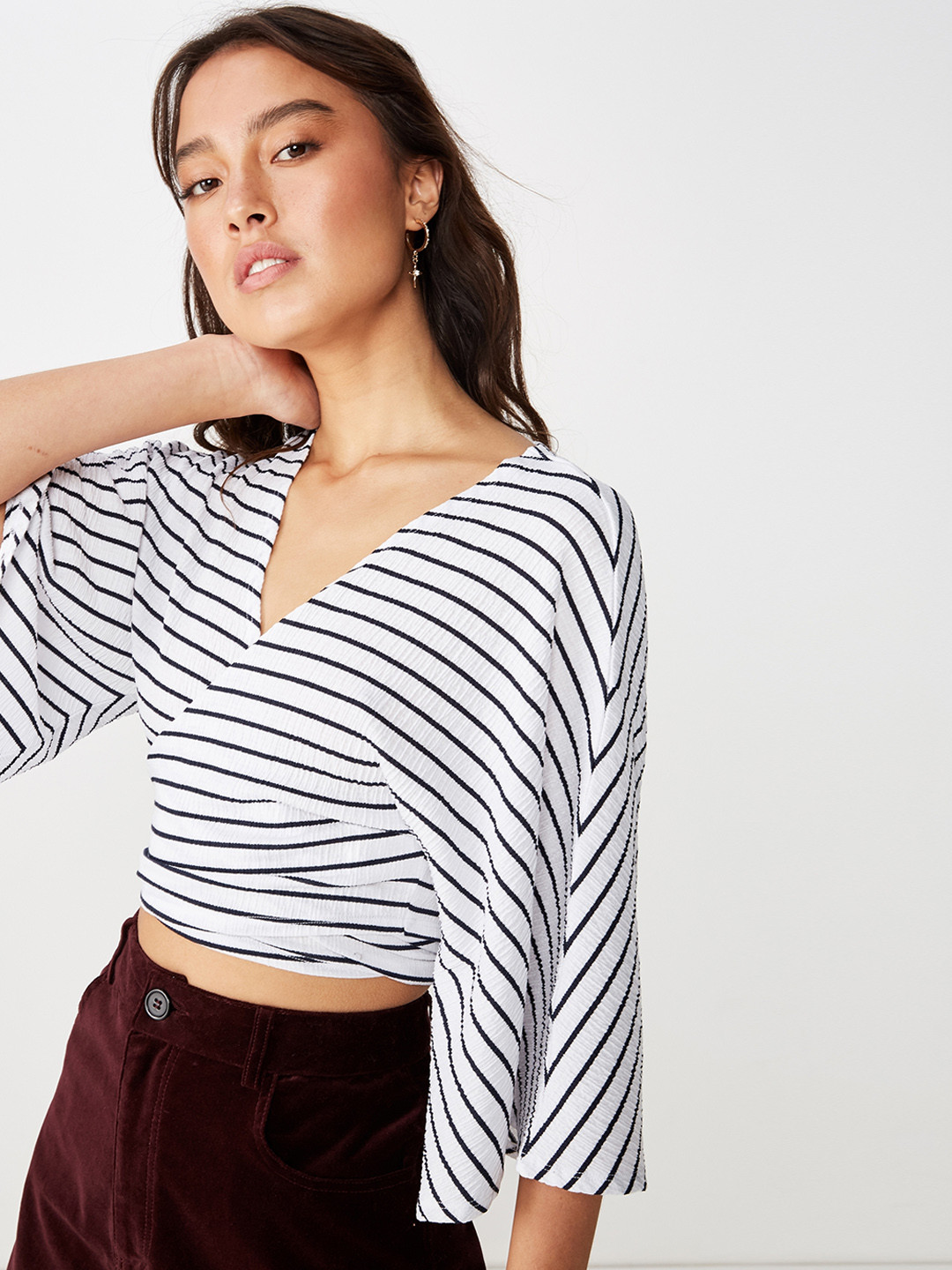

COTTON ON Women White Striped Wrap Top