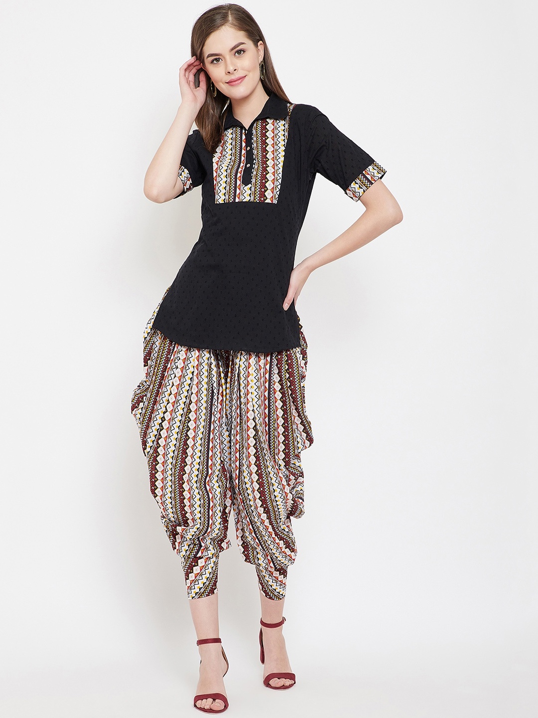 

PANIT Women Black & Cream-Coloured Printed Kurta with Dhoti Pants