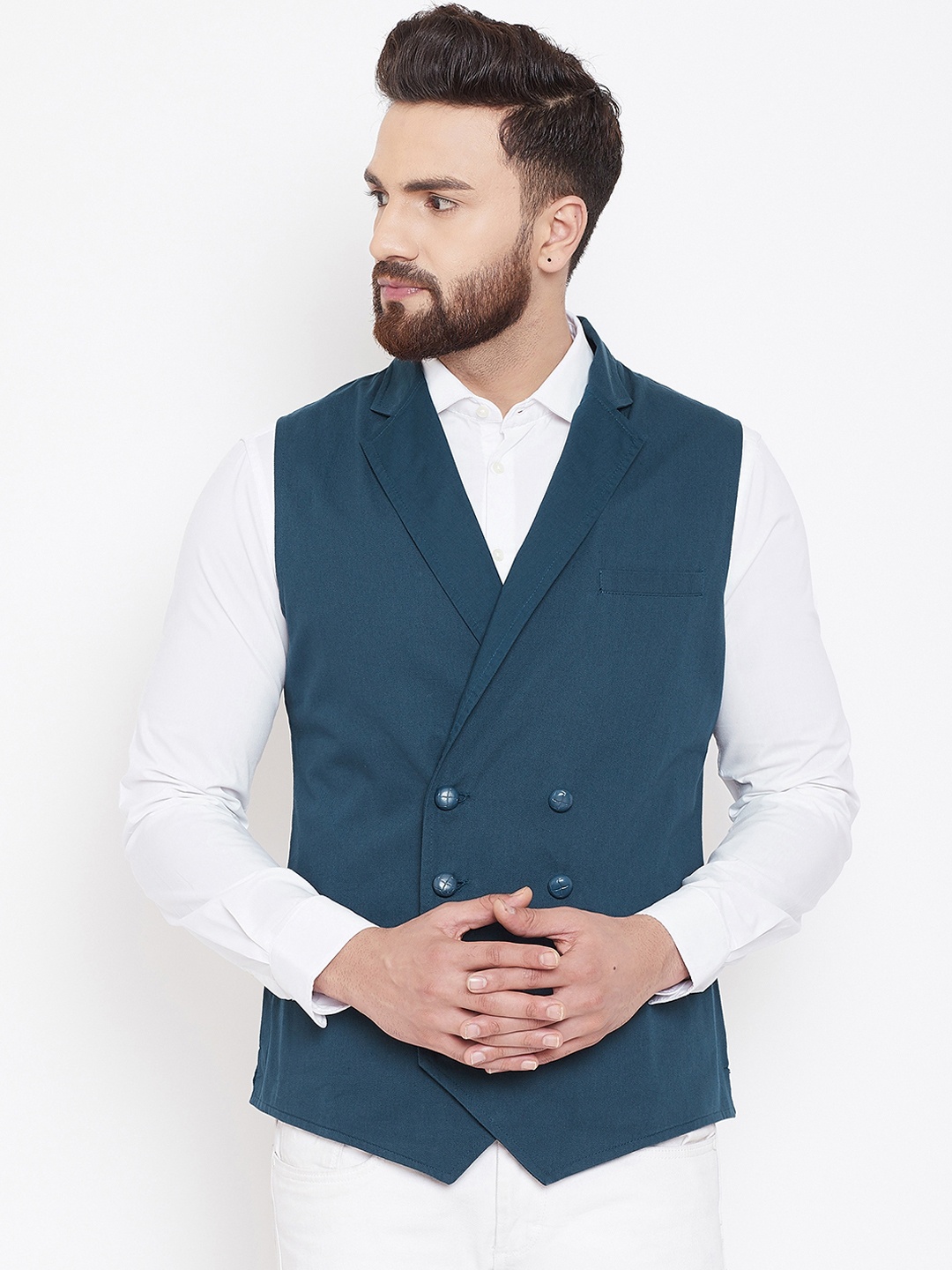 

Hypernation Men Teal Blue Solid Double-Breasted Pure Cotton Waistcoat