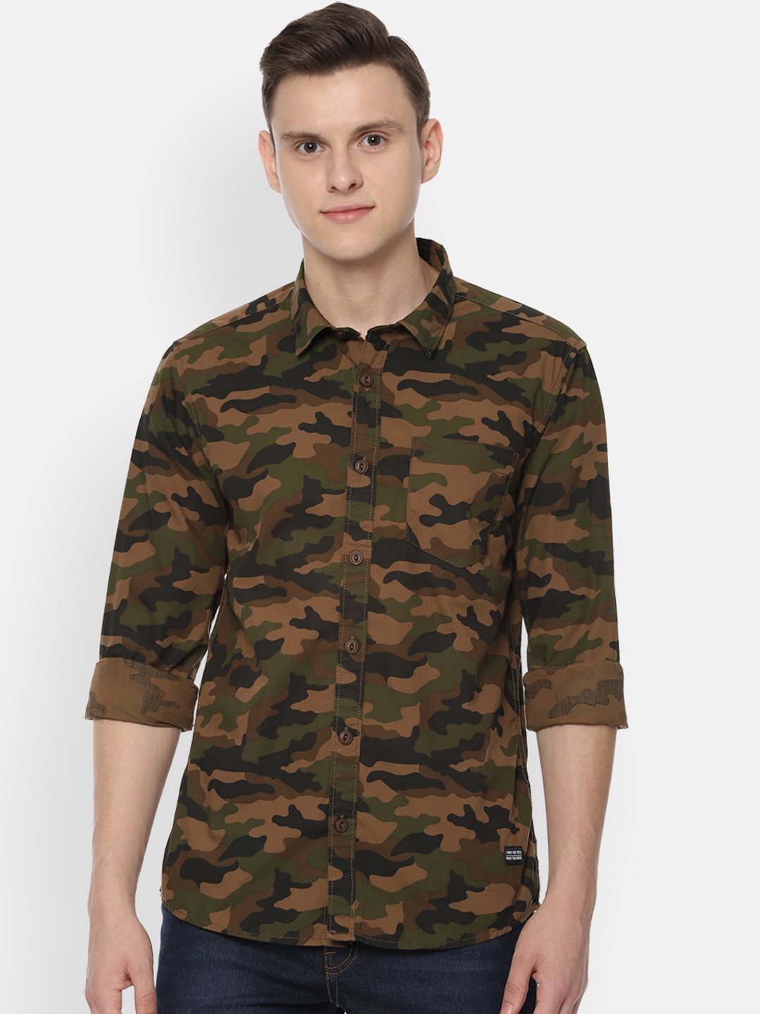 

People Men Green & Brown Regular Fit Camouflage Printed Casual Shirt