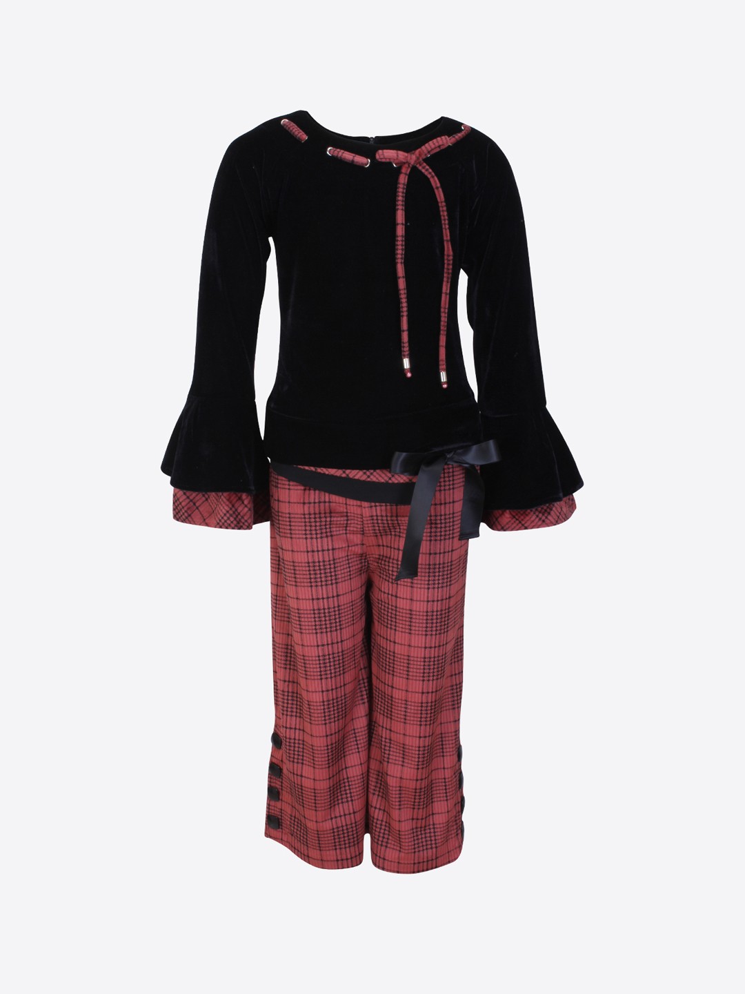 

CUTECUMBER Girls Black & Red Solid Top with Checked Culottes