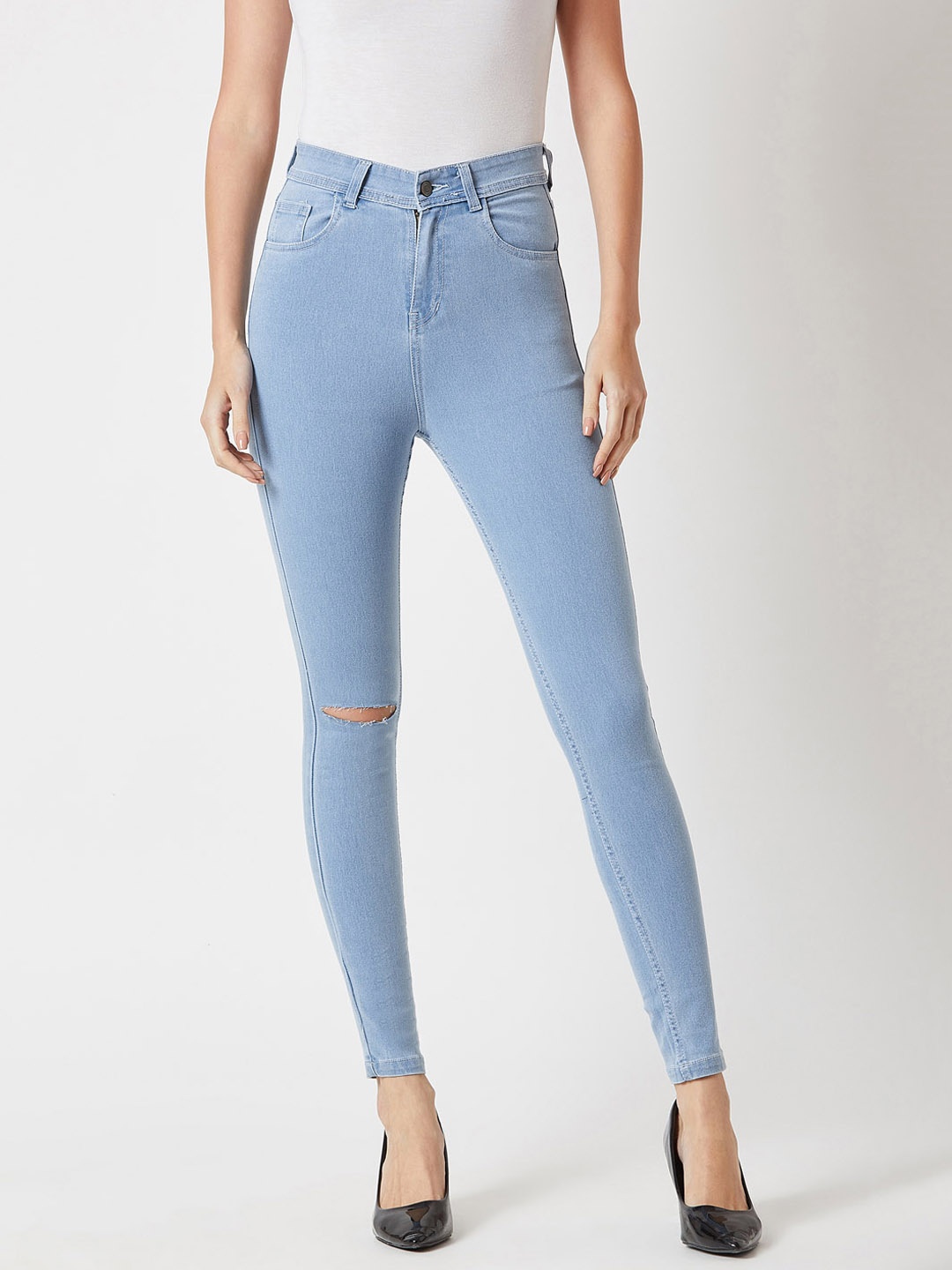 

Miss Chase Women Blue Skinny Fit High-Rise Slash Knee Stretchable Jeans
