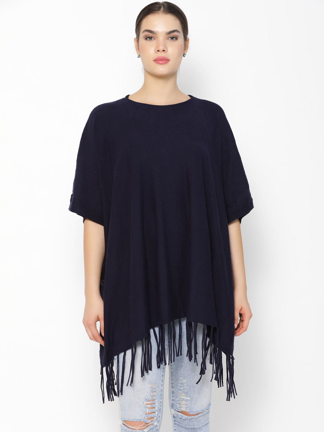 Gipsy Women Navy Blue Solid Wollen Poncho with Tassled Detail
