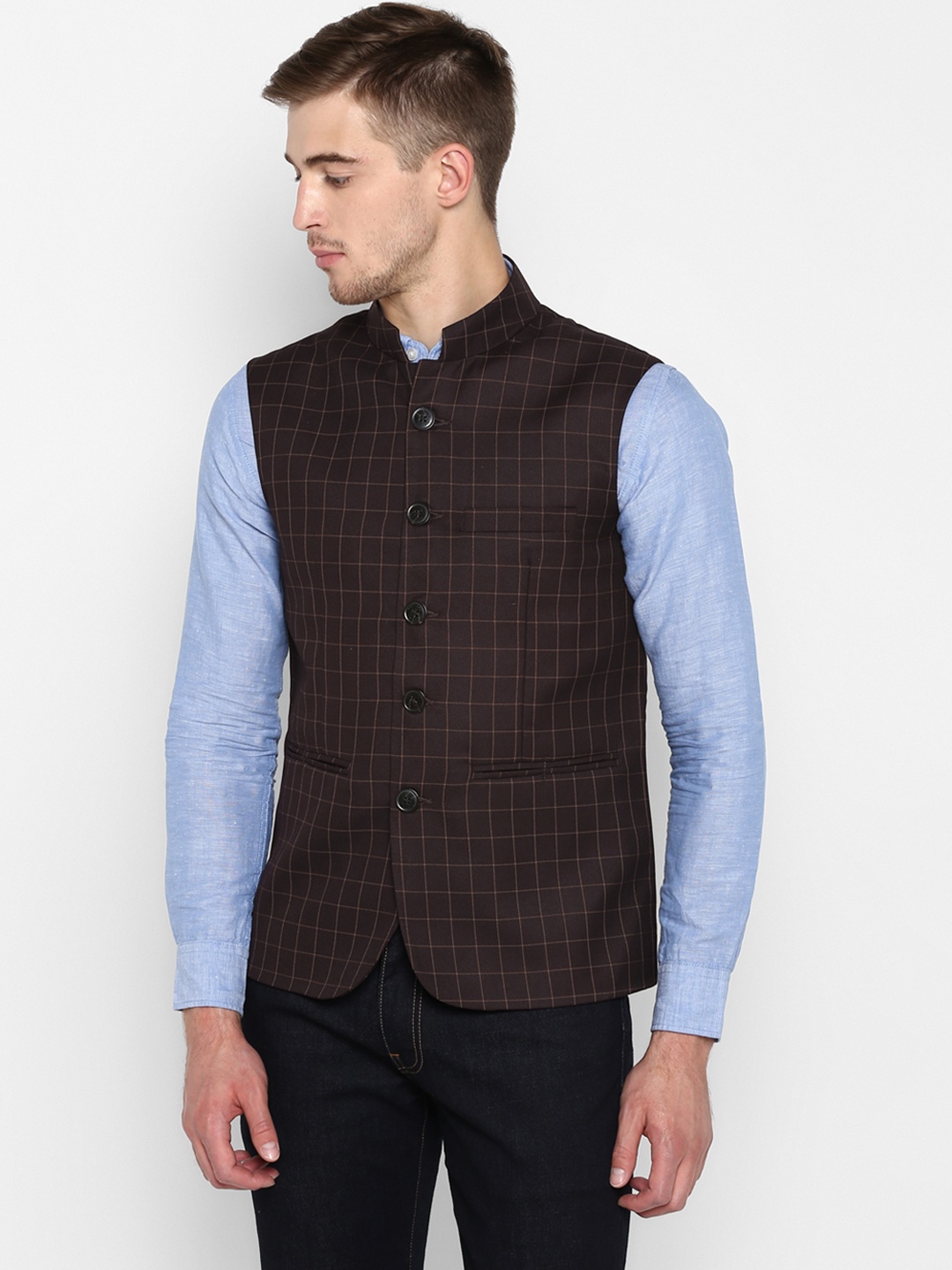 

Red Tape Men Brown Checked Nehru Jacket