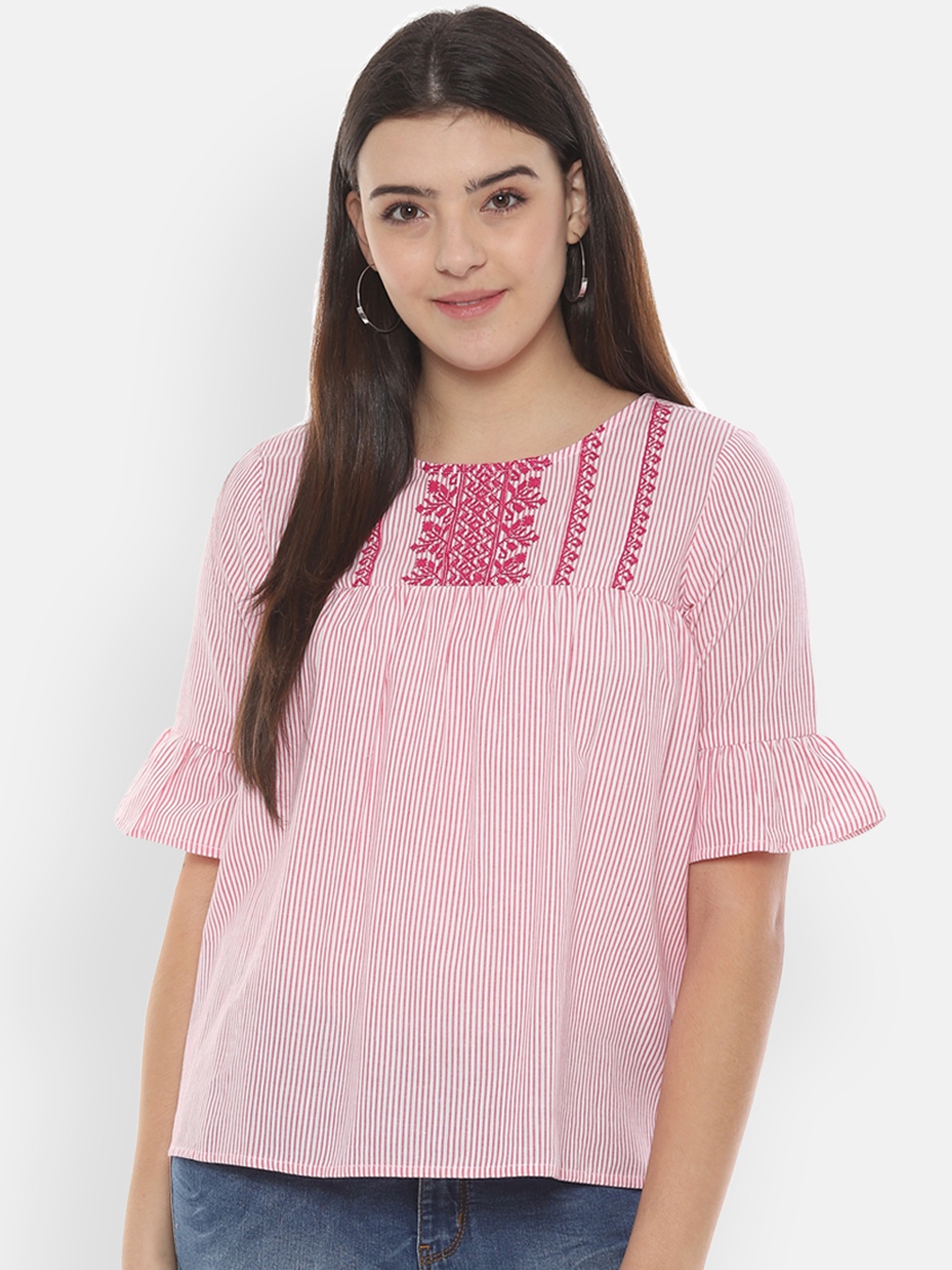 

People Women Pink Striped Pure Cotton Top