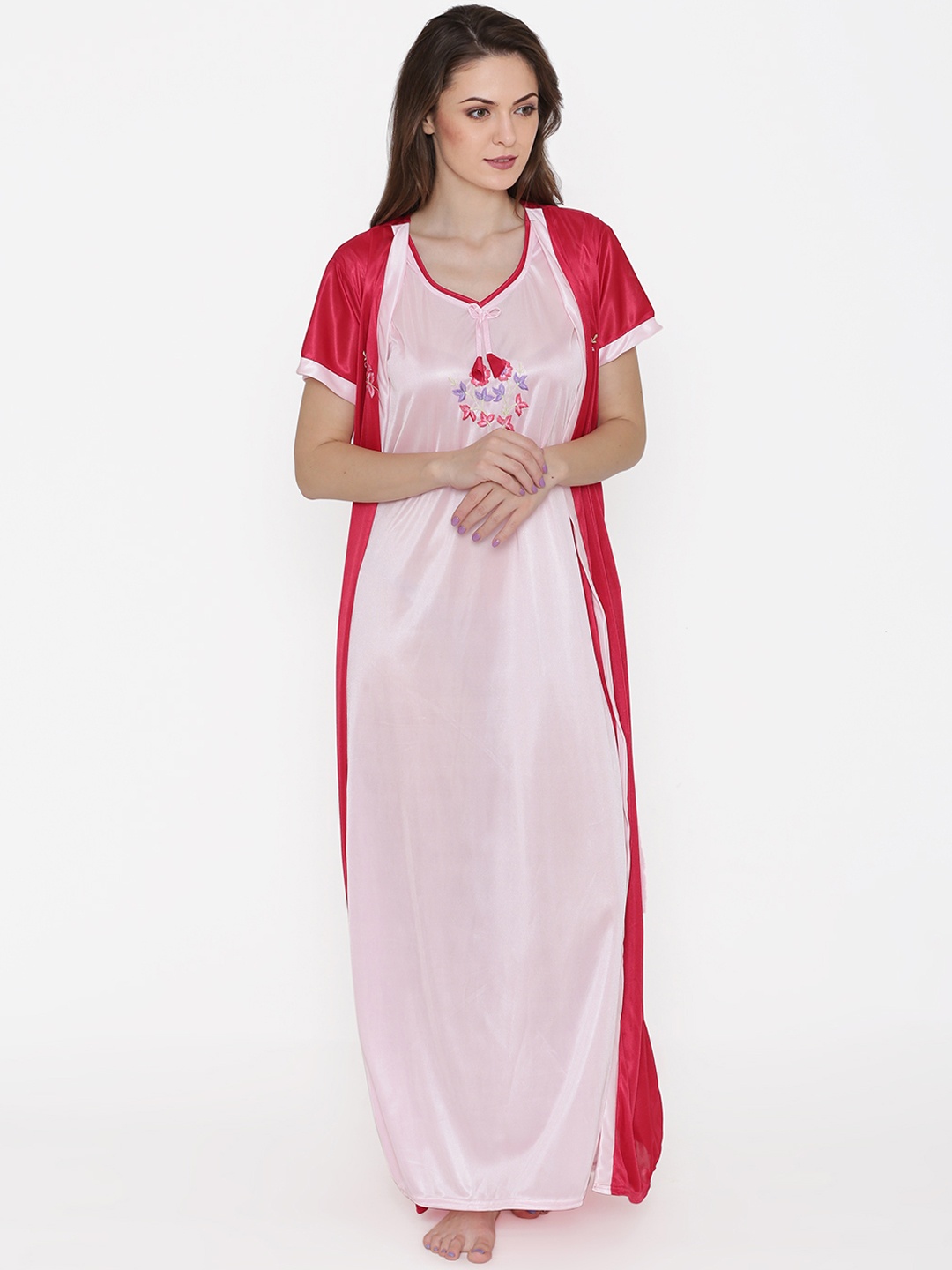 

N-Gal Pink & Red Embroidered Nightdress With Robe