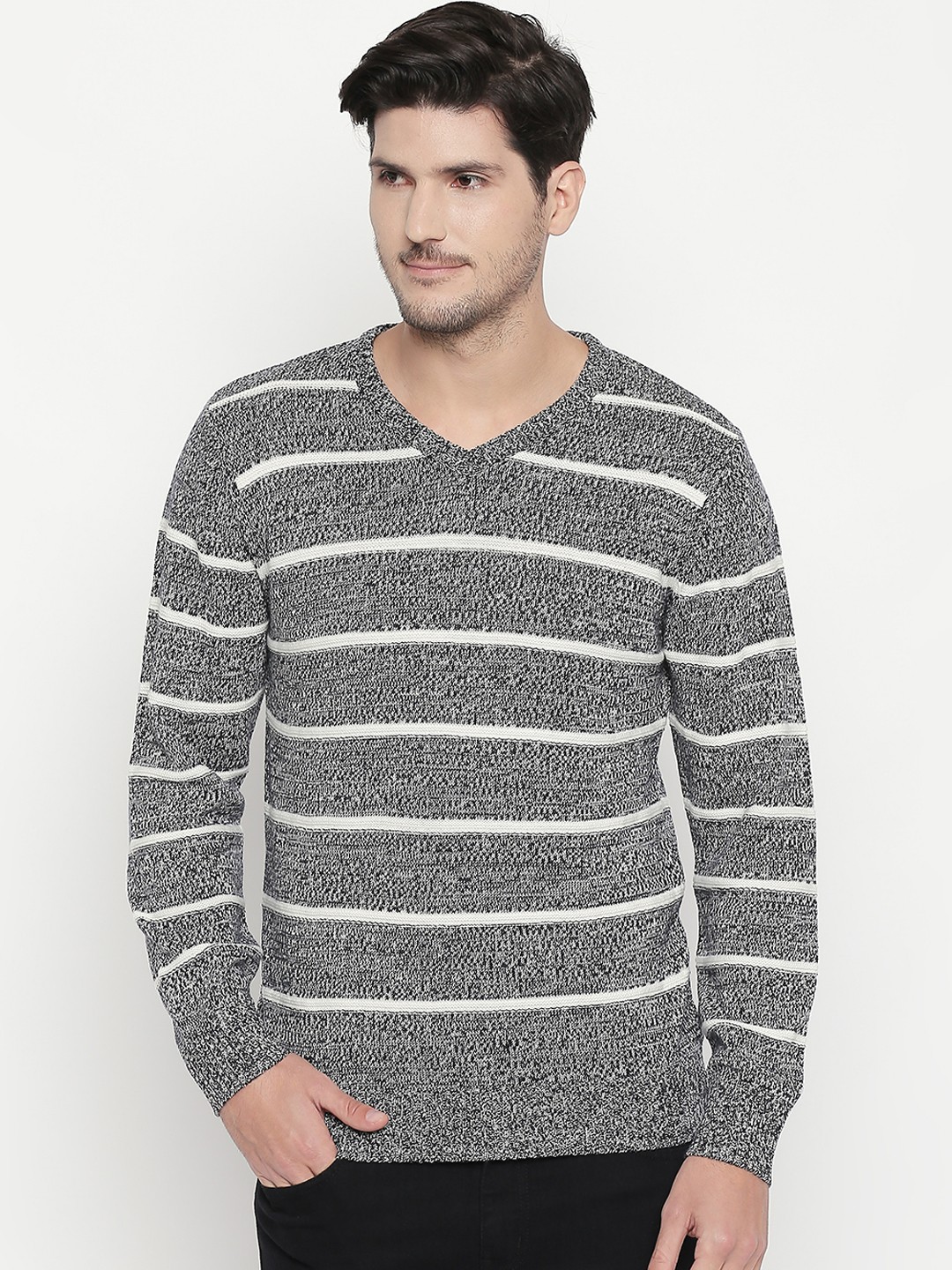 

BYFORD by Pantaloons Men Black & White Striped Sweater