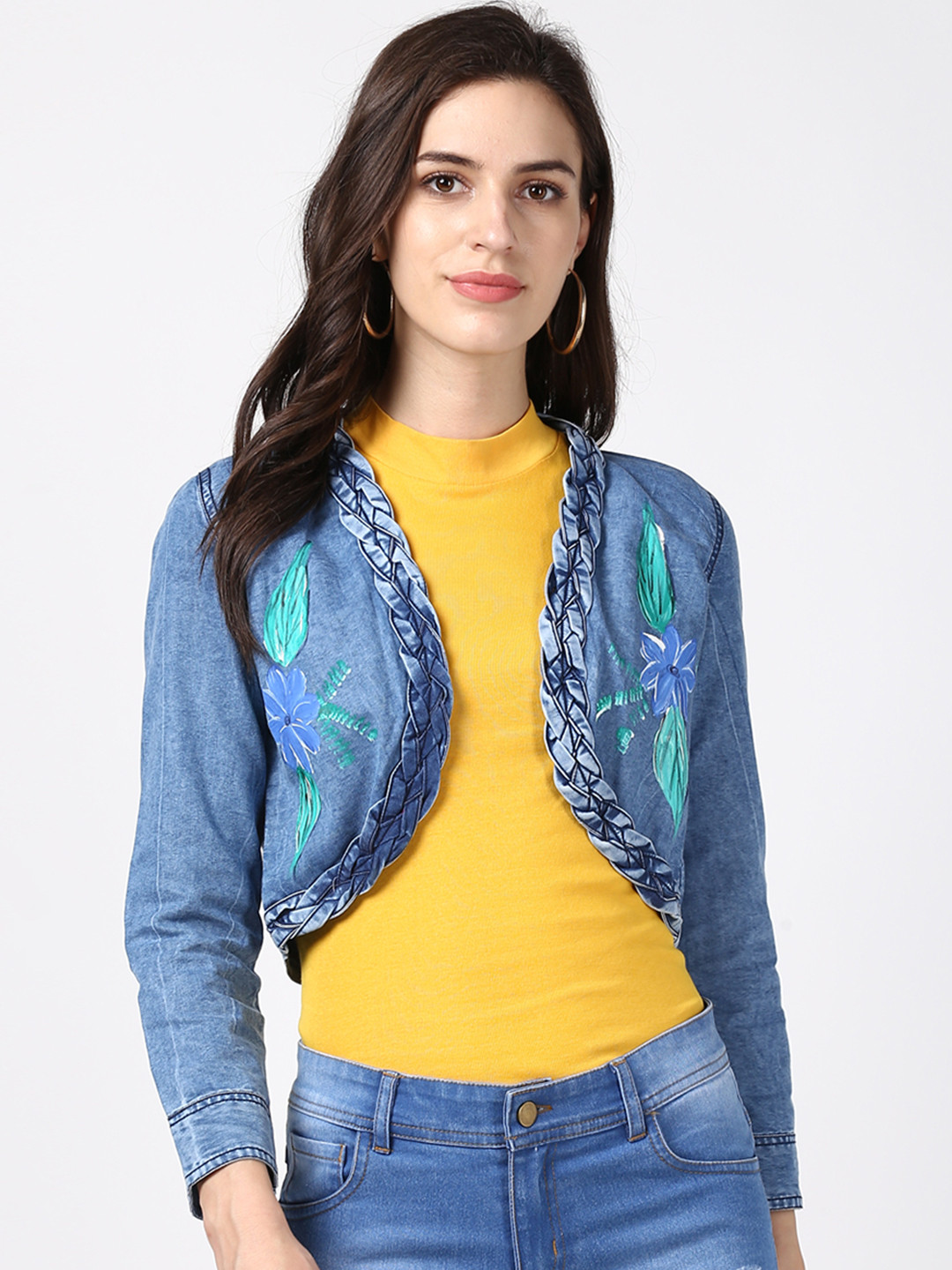 

StyleStone Women Blue Printed Open Front Crop Denim Shrug