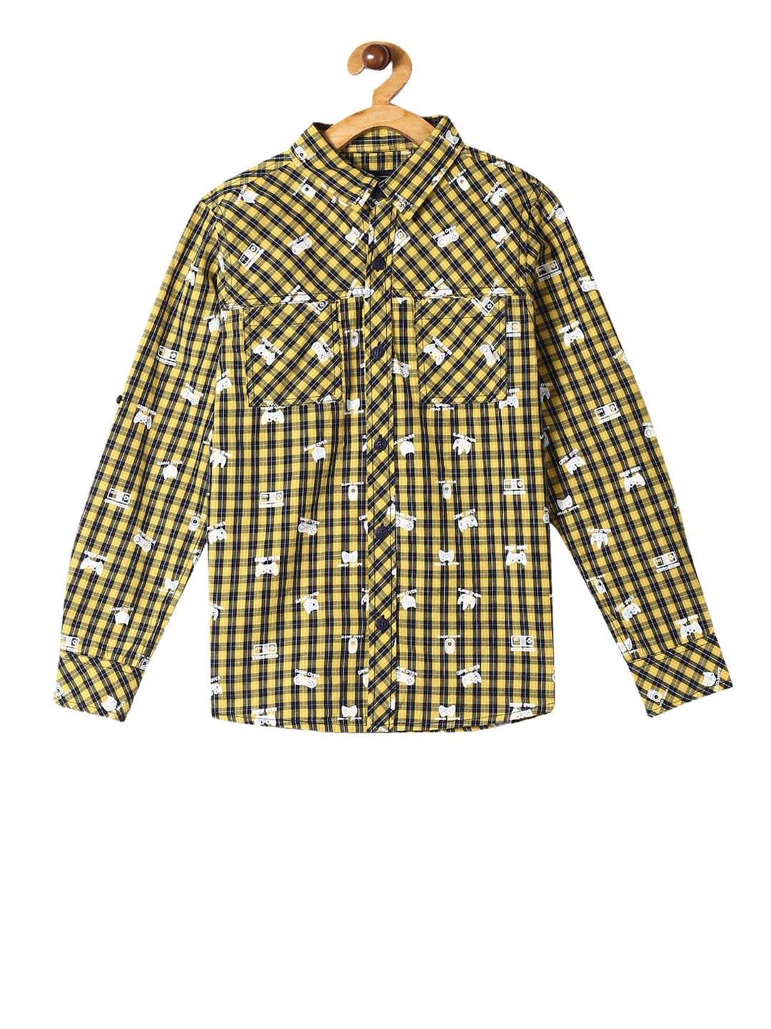 

Cherokee Boys Yellow & Navy Blue Regular Fit Checked Casual Shirt