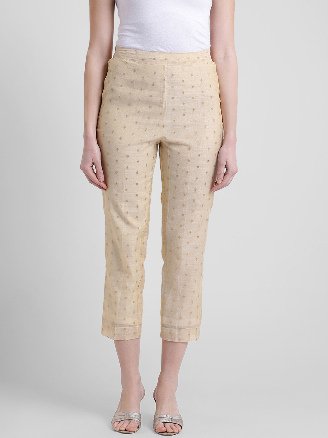 

Aayna Women Beige & Gold-Toned Comfort Regular Fit Printed Regular Trousers