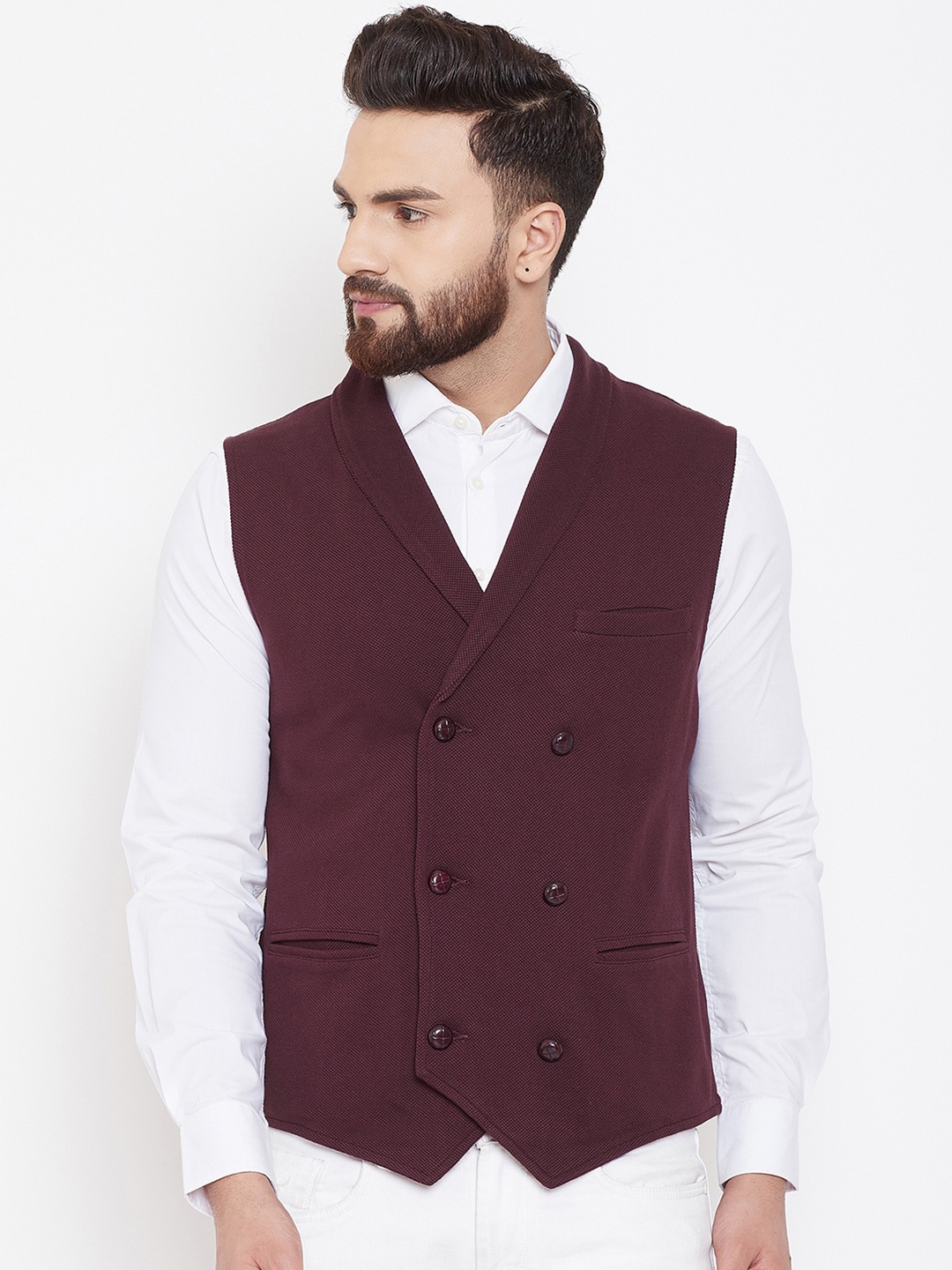 

Hypernation Men Brown Double-Breasted Pure Cotton Waistcoat